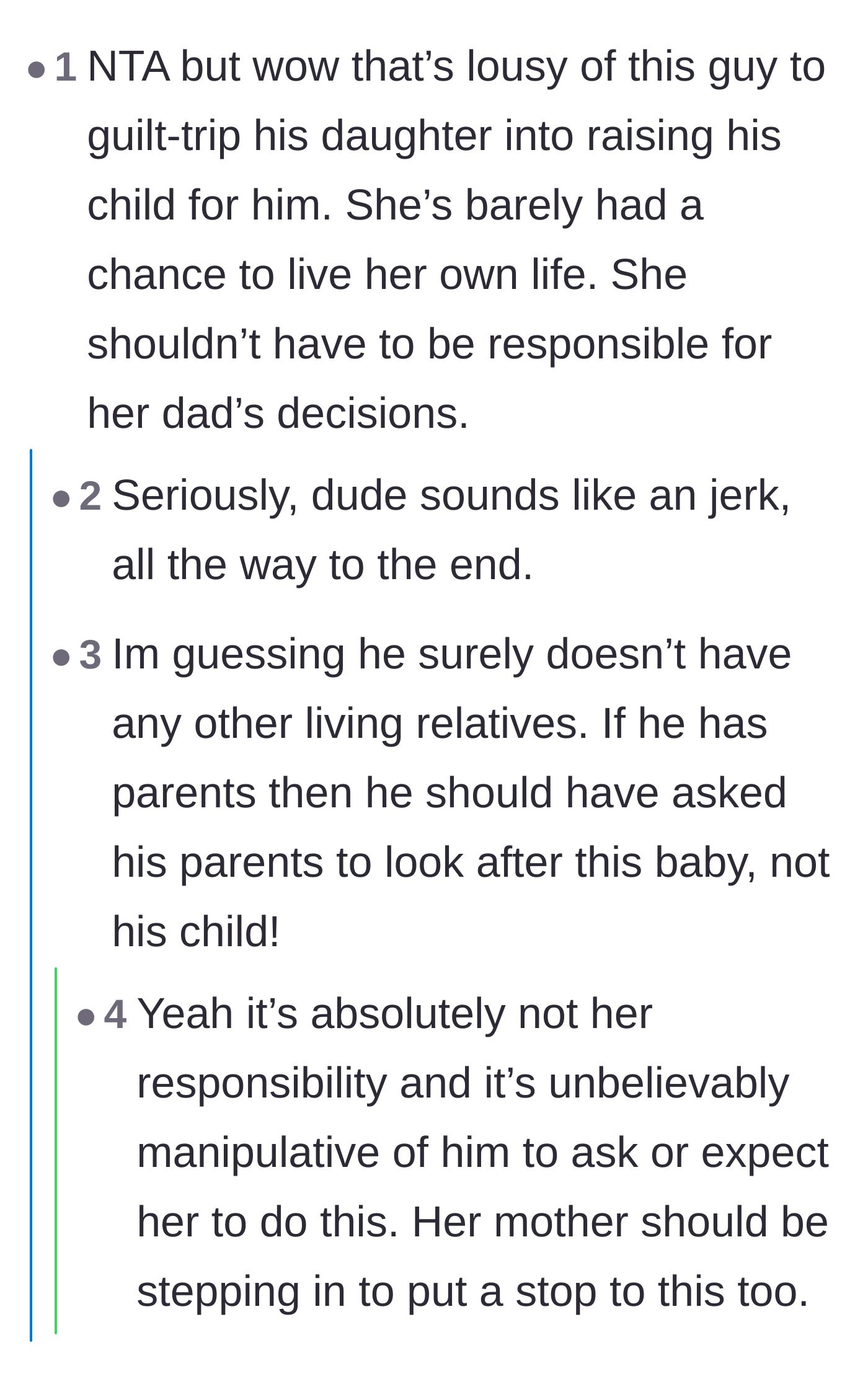 Comment thread 4 - Reactions condemning the dying father for manipulating his teenage daughter's empathy instead of making responsible arrangements.
