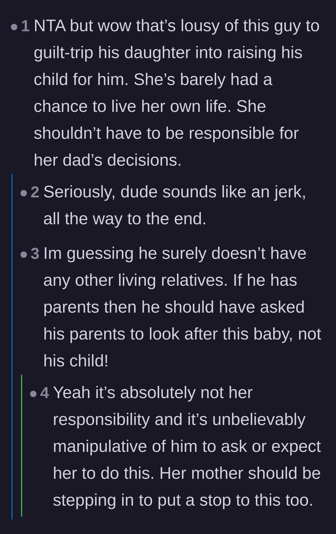 Comment thread 4 - Reactions condemning the dying father for manipulating his teenage daughter's empathy instead of making responsible arrangements.