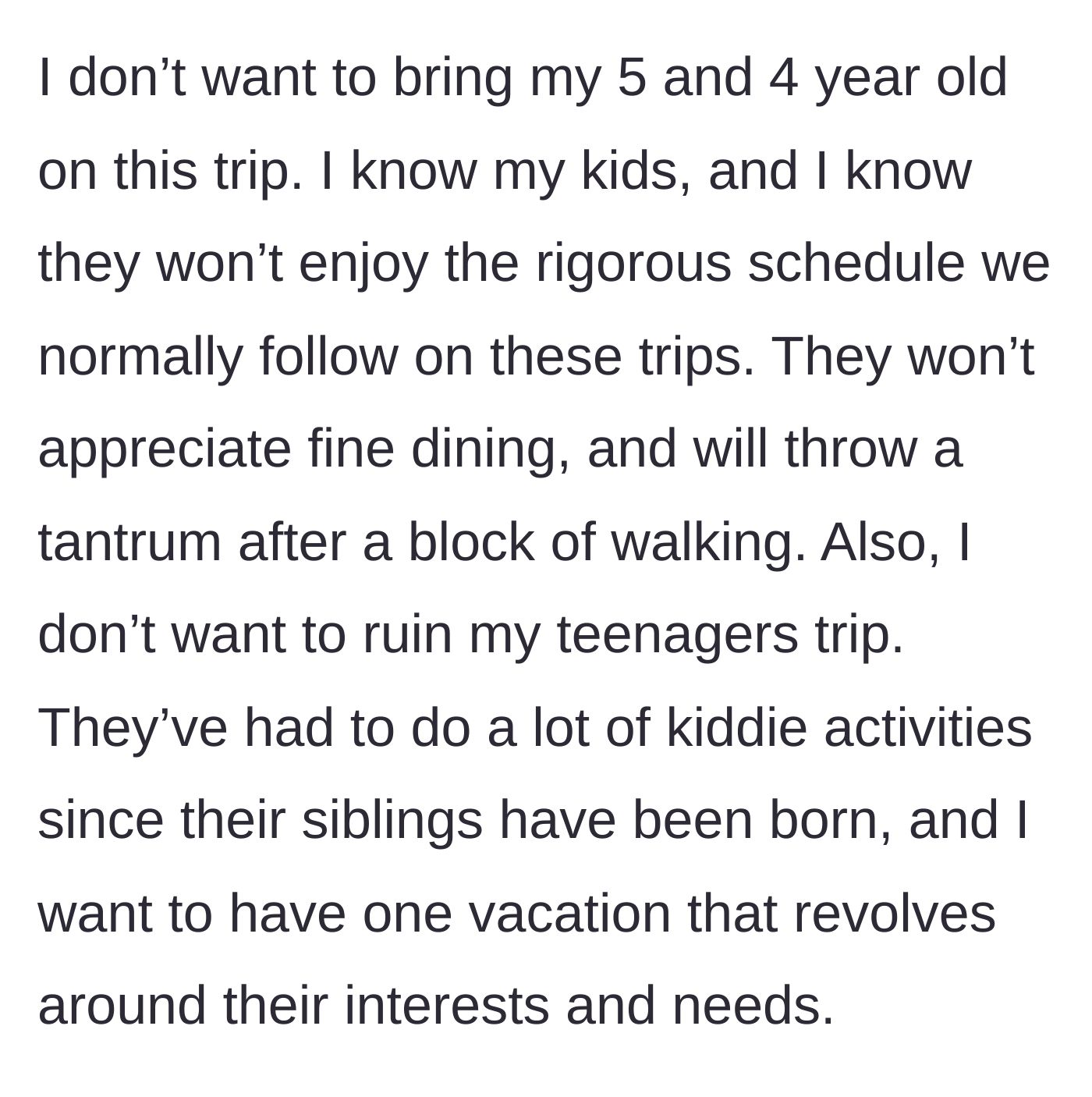 Story part 3 - The mother's reasoning for leaving the toddlers behind to focus on the teenagers.