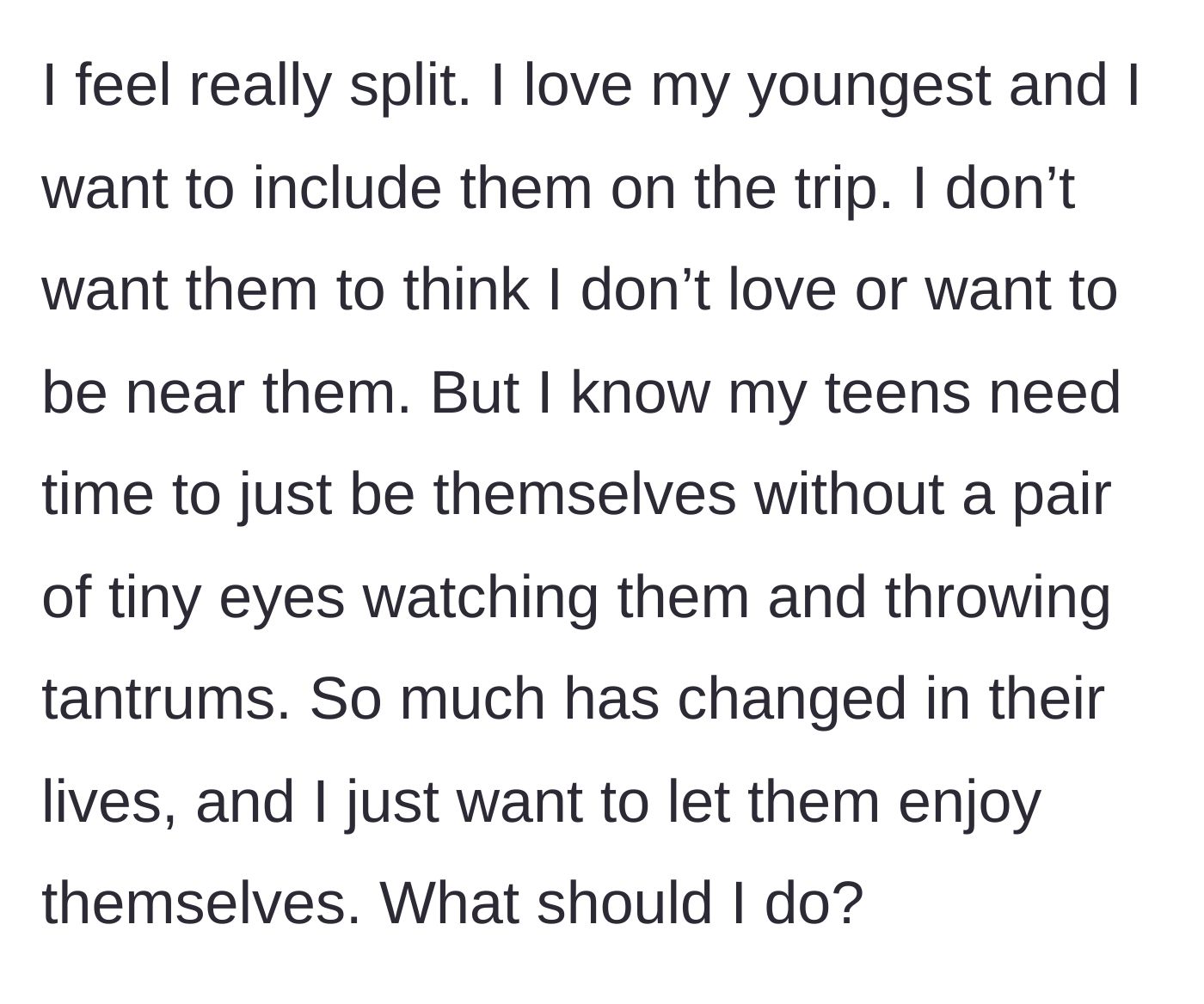 Story part 5 - The mother's internal conflict and final plea for advice.