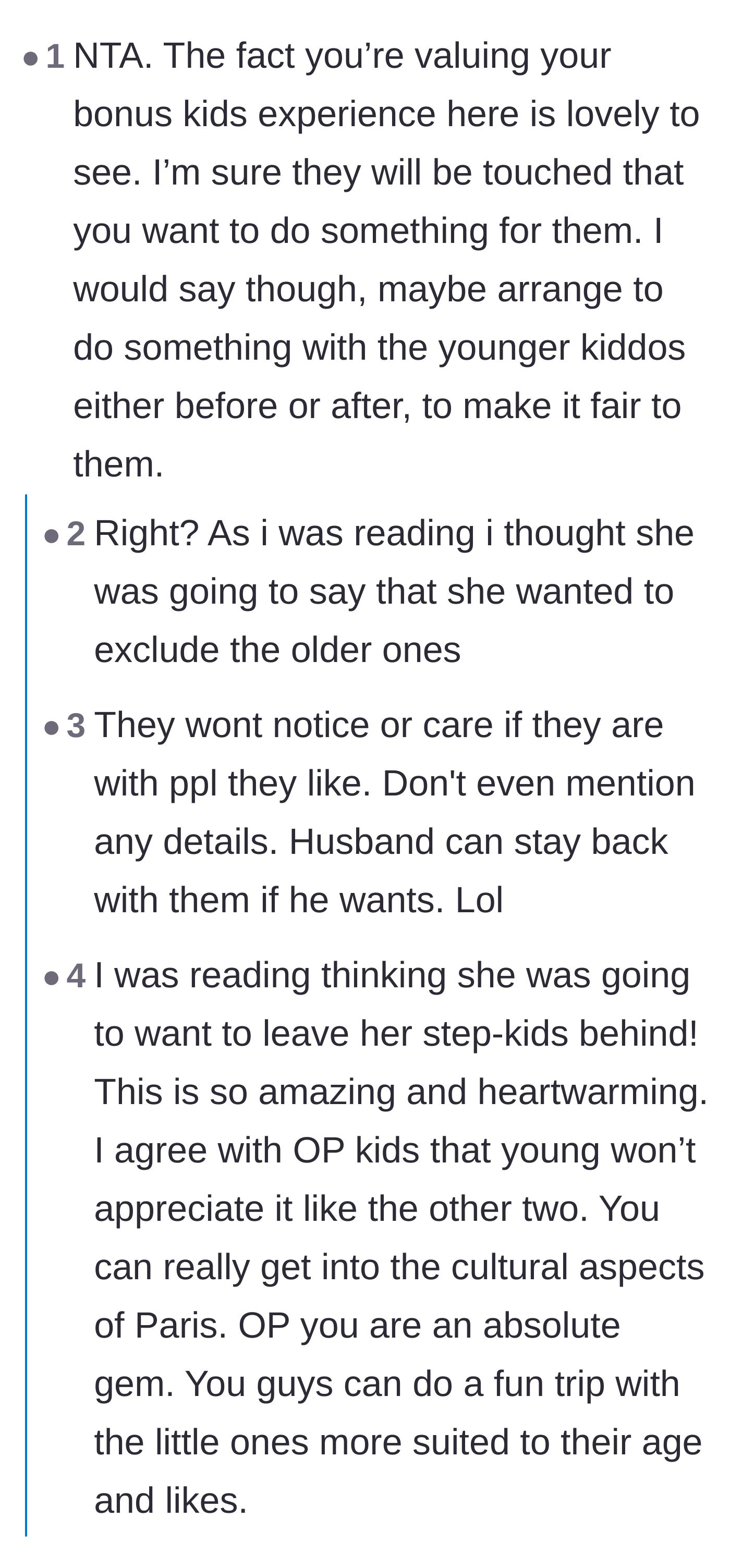 Comment thread 1 - Readers praising the stepmother's dedication to her older stepchildren and sharing fond memories of staying with grandparents.