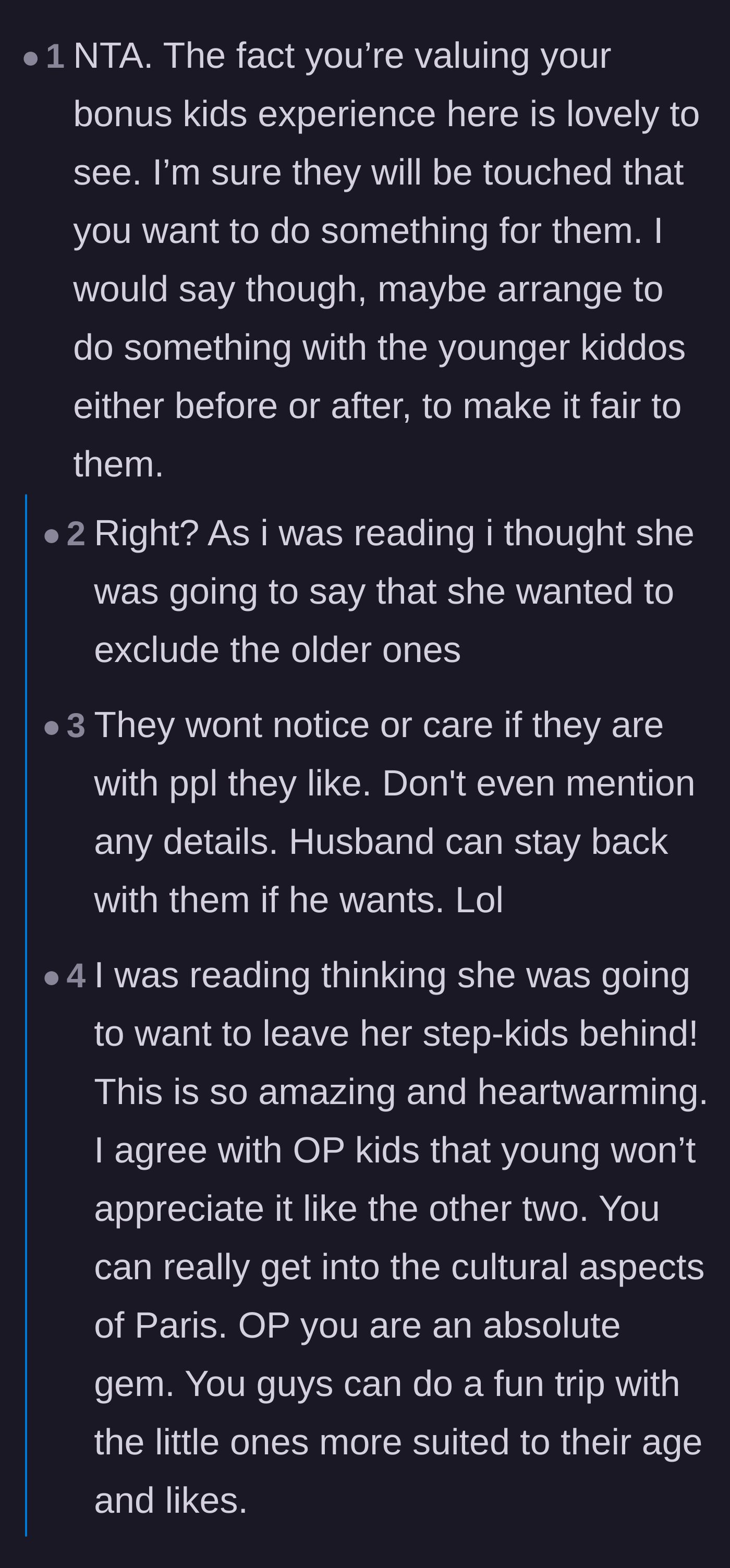 Comment thread 1 - Readers praising the stepmother's dedication to her older stepchildren and sharing fond memories of staying with grandparents.