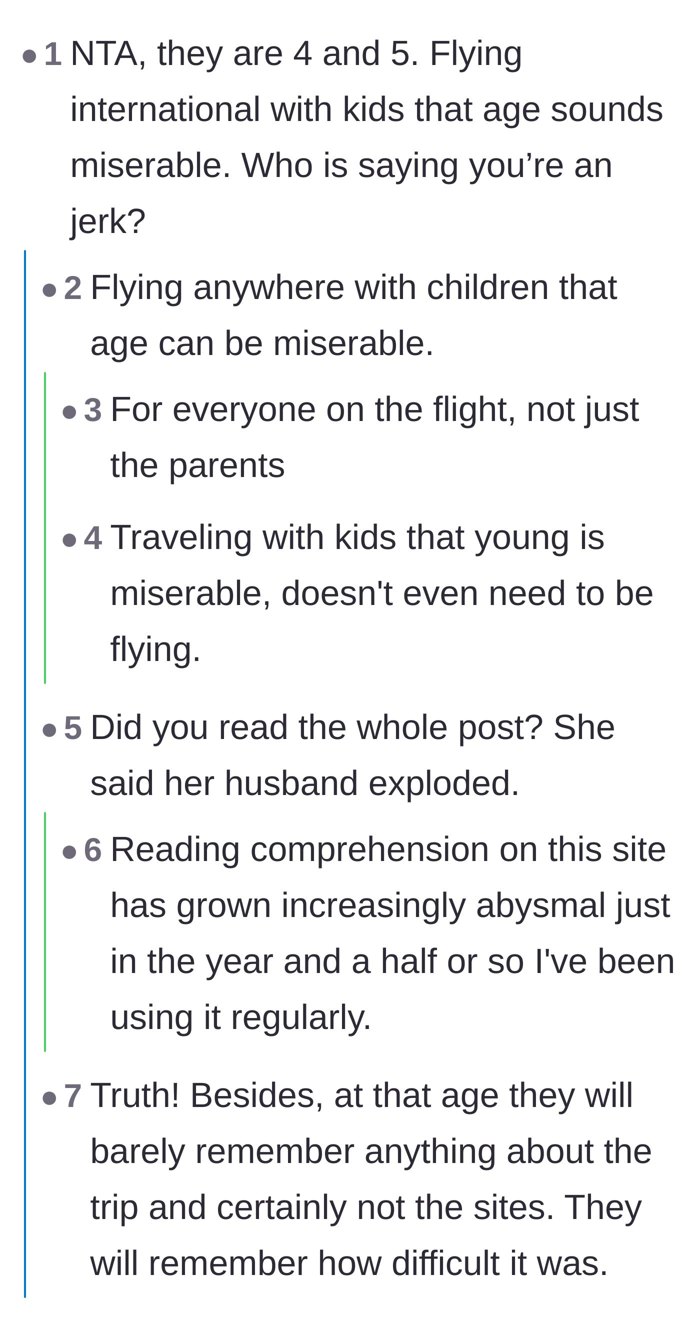 Comment thread 2 - A discussion on the logistical nightmare and universal misery of taking toddlers on long-haul international flights.