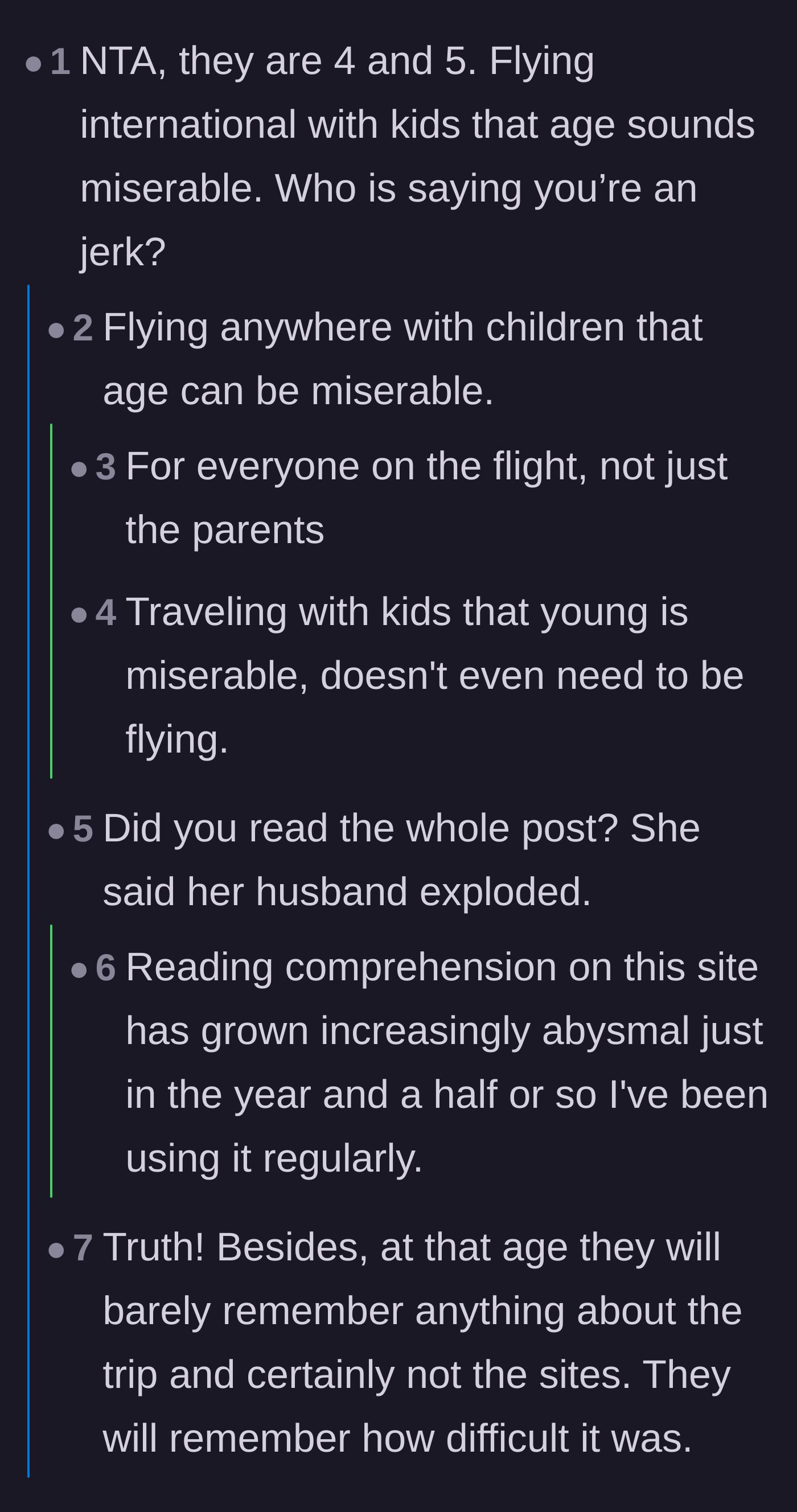 Comment thread 2 - A discussion on the logistical nightmare and universal misery of taking toddlers on long-haul international flights.