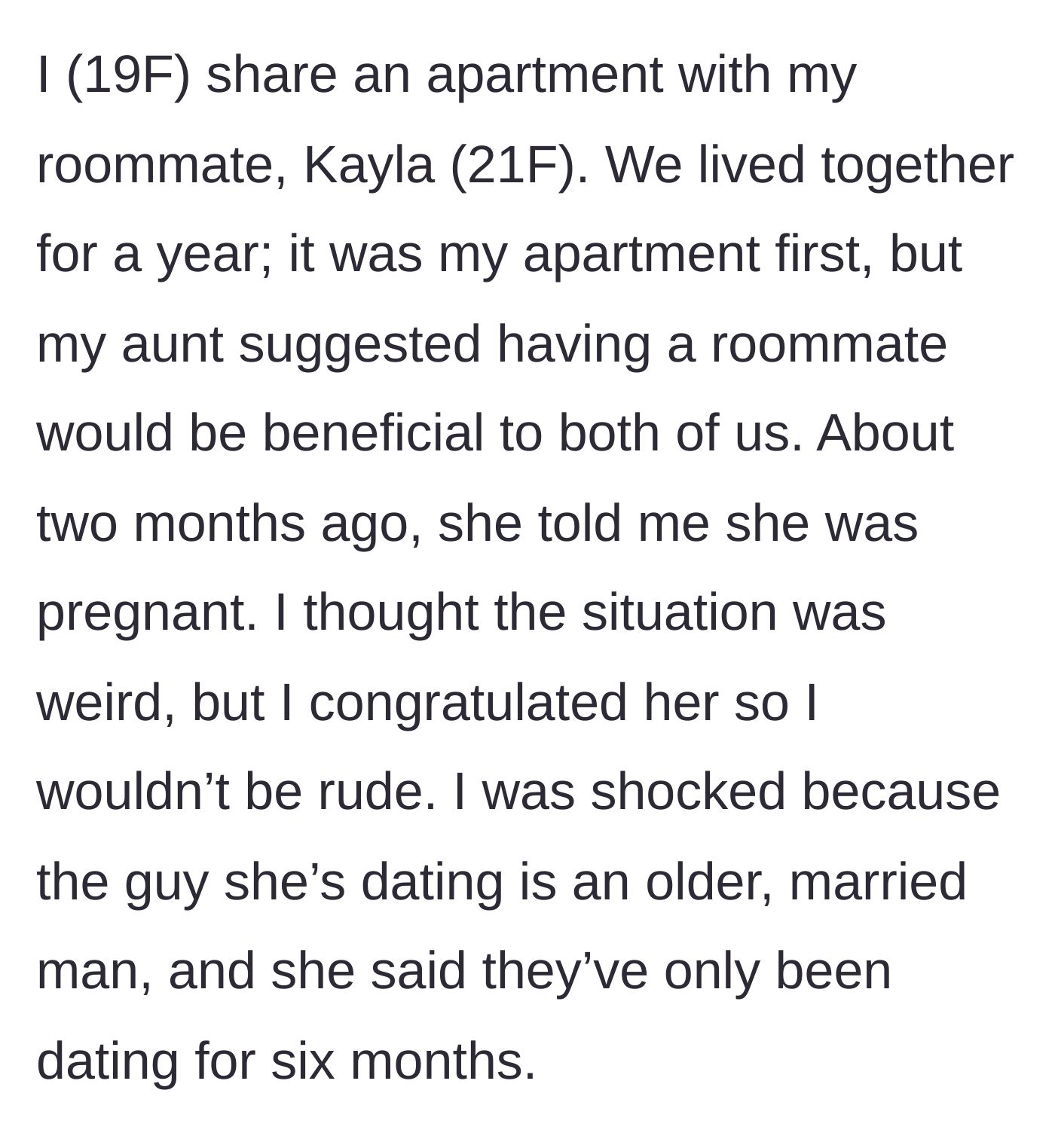 Story part 1 - Two roommates sitting in a living room, one looking shocked while the other casually shares news of an unexpected pregnancy.