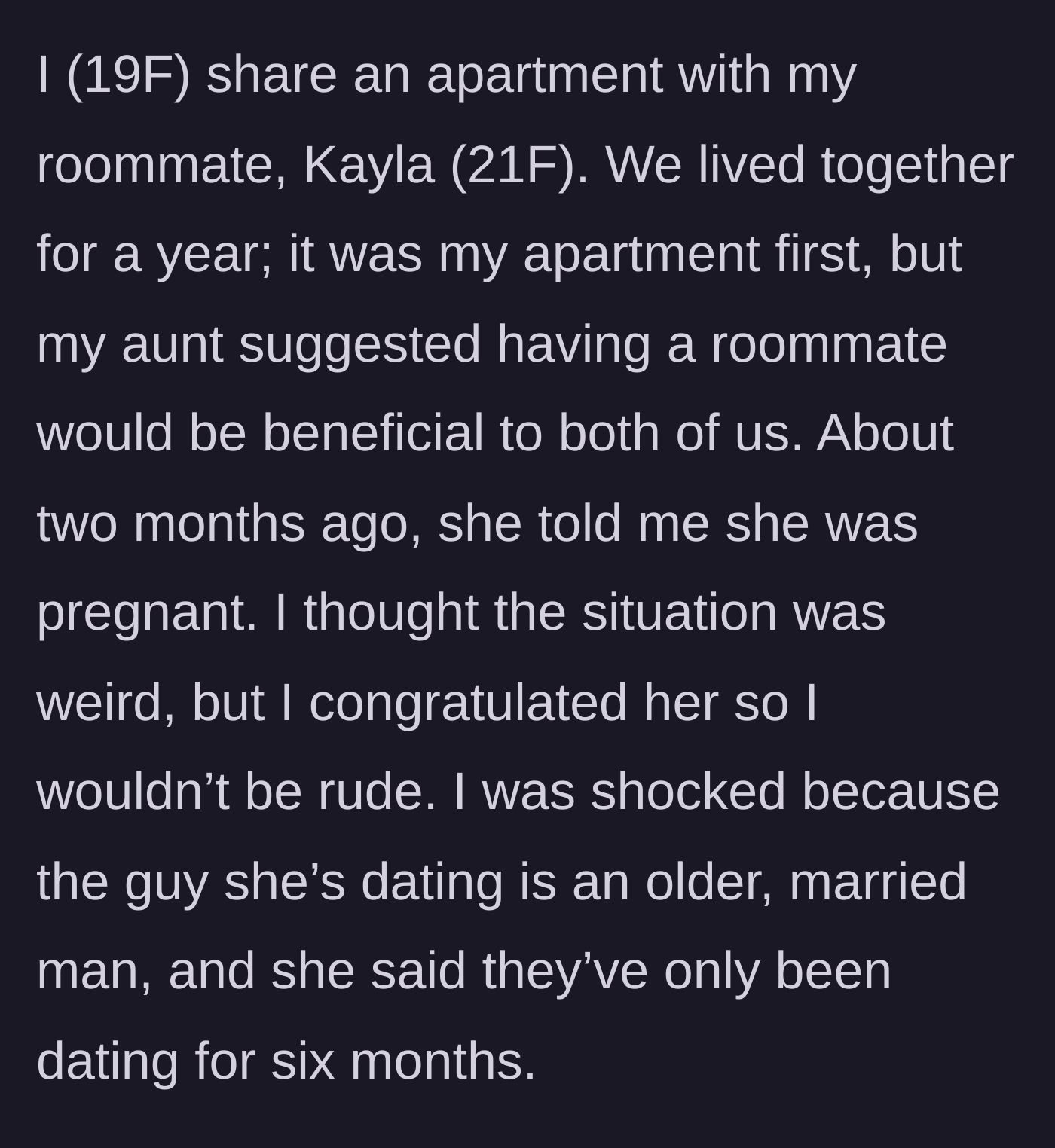 Story part 1 - Two roommates sitting in a living room, one looking shocked while the other casually shares news of an unexpected pregnancy.