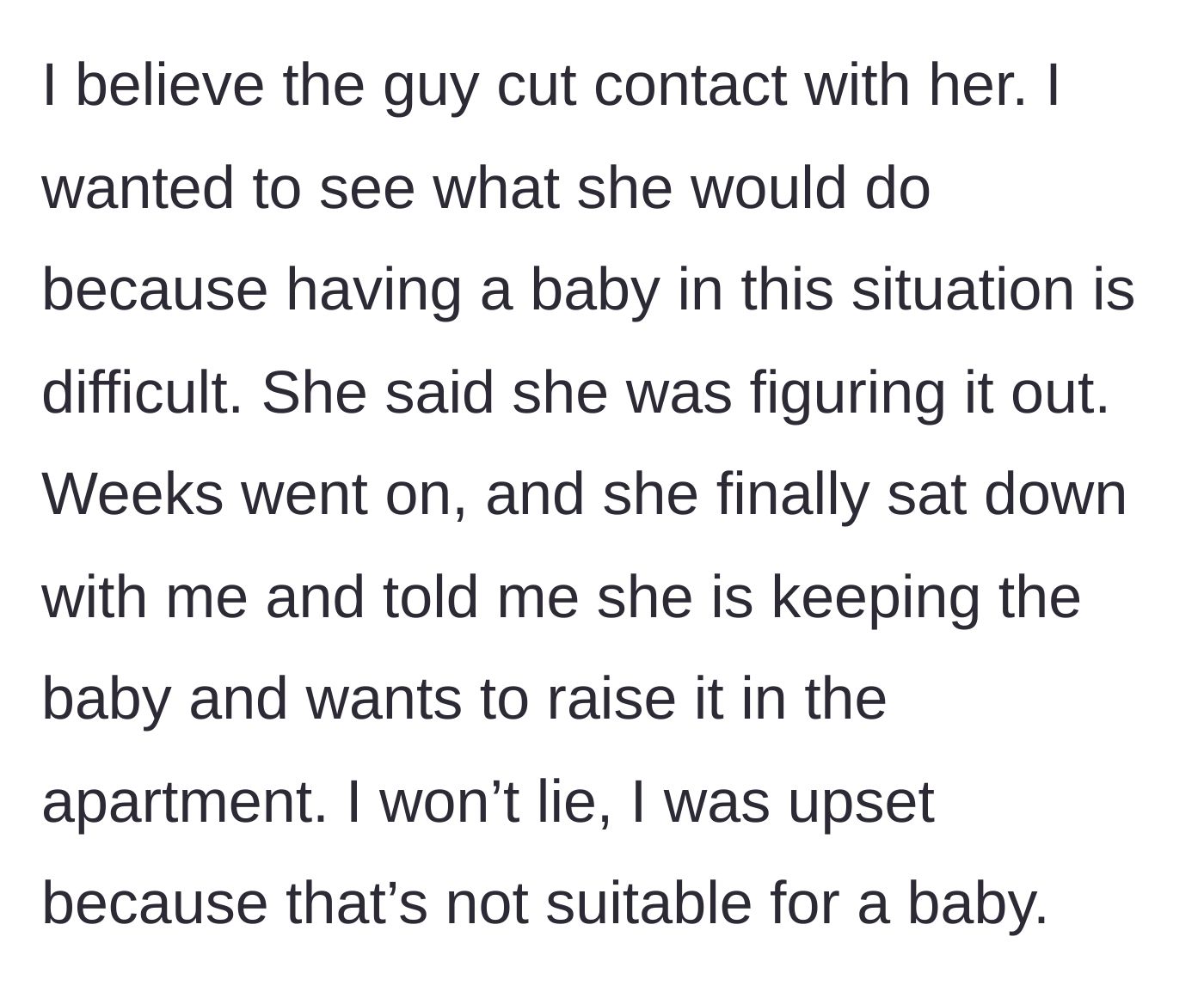 Story part 2 - A frustrated roommate looking around a cramped apartment space while the pregnant roommate sits comfortably on the couch.
