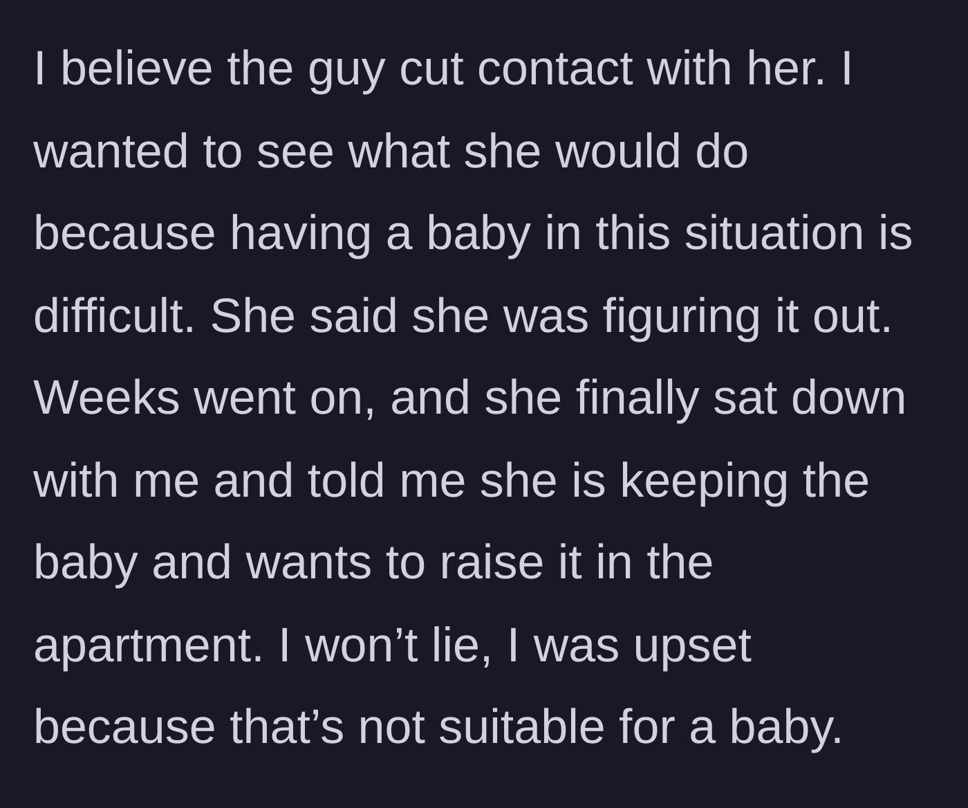 Story part 2 - A frustrated roommate looking around a cramped apartment space while the pregnant roommate sits comfortably on the couch.
