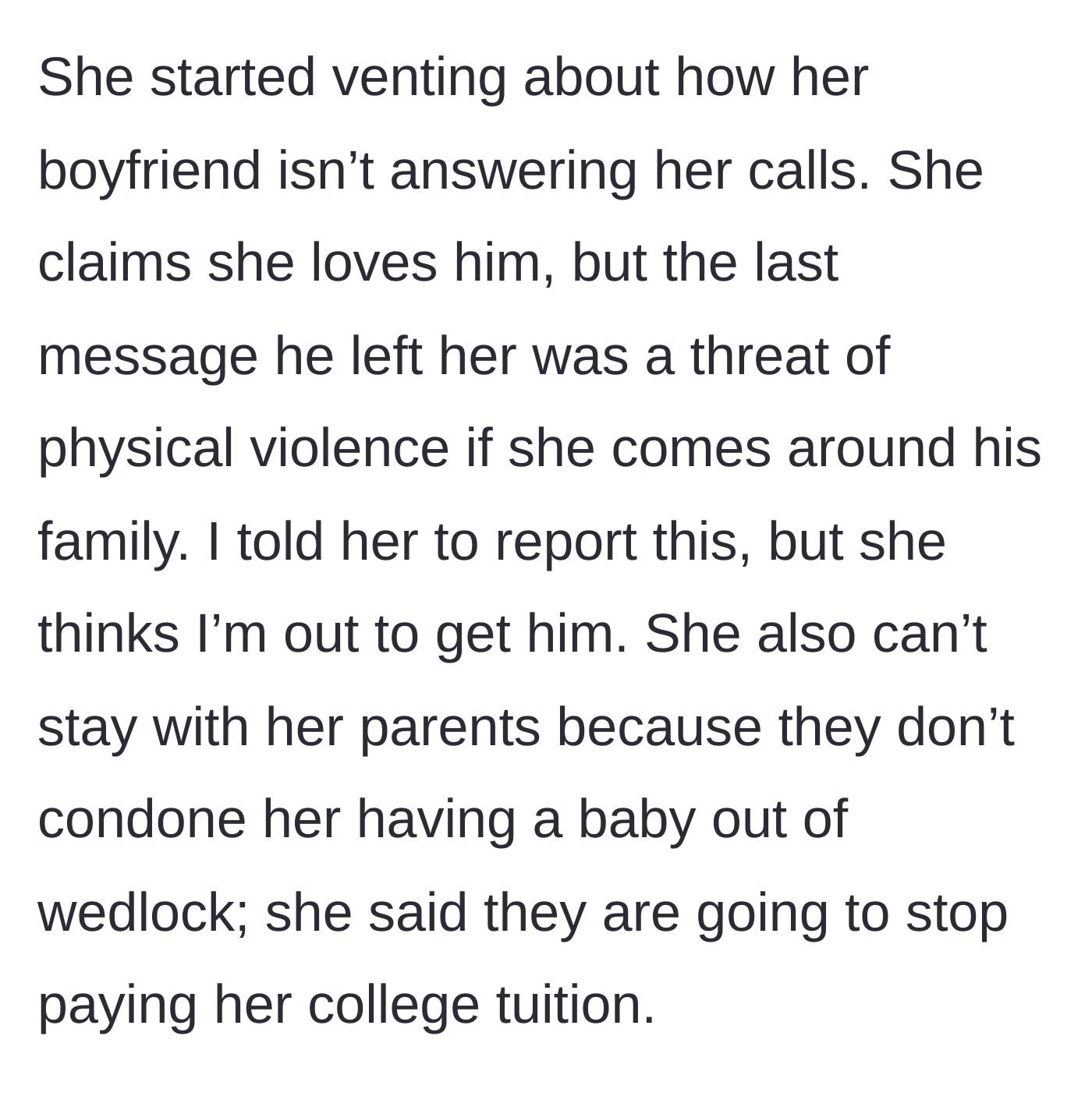 Story part 4 - A pregnant woman looking at her phone in tears while her roommate calmly suggests calling the authorities.