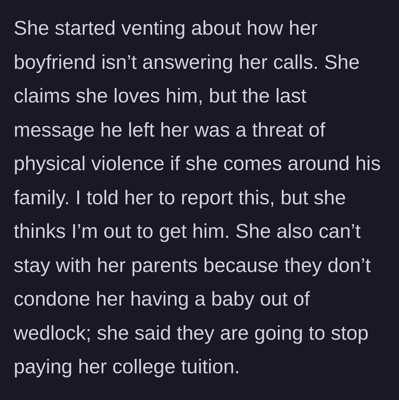 Story part 4 - A pregnant woman looking at her phone in tears while her roommate calmly suggests calling the authorities.