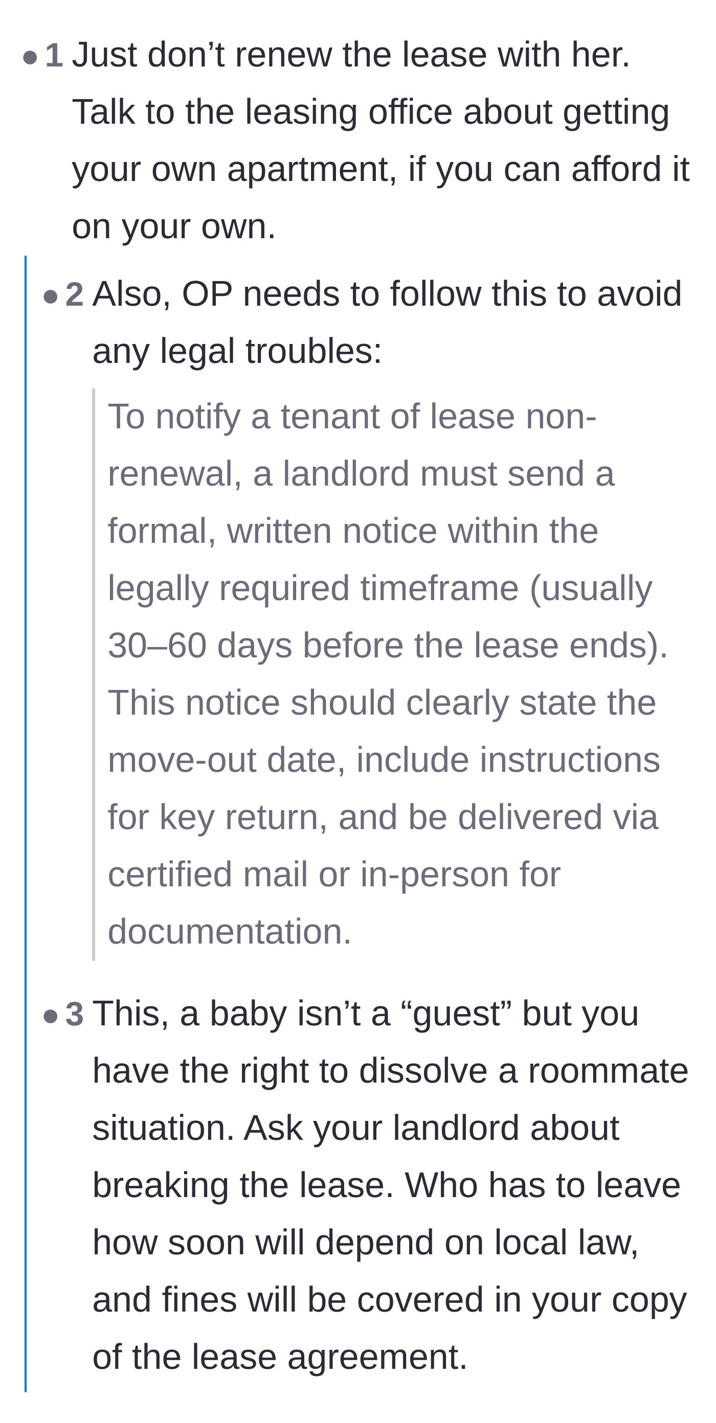 Comment thread 1 - Advice on navigating lease renewals and legally breaking ties with the pregnant roommate.