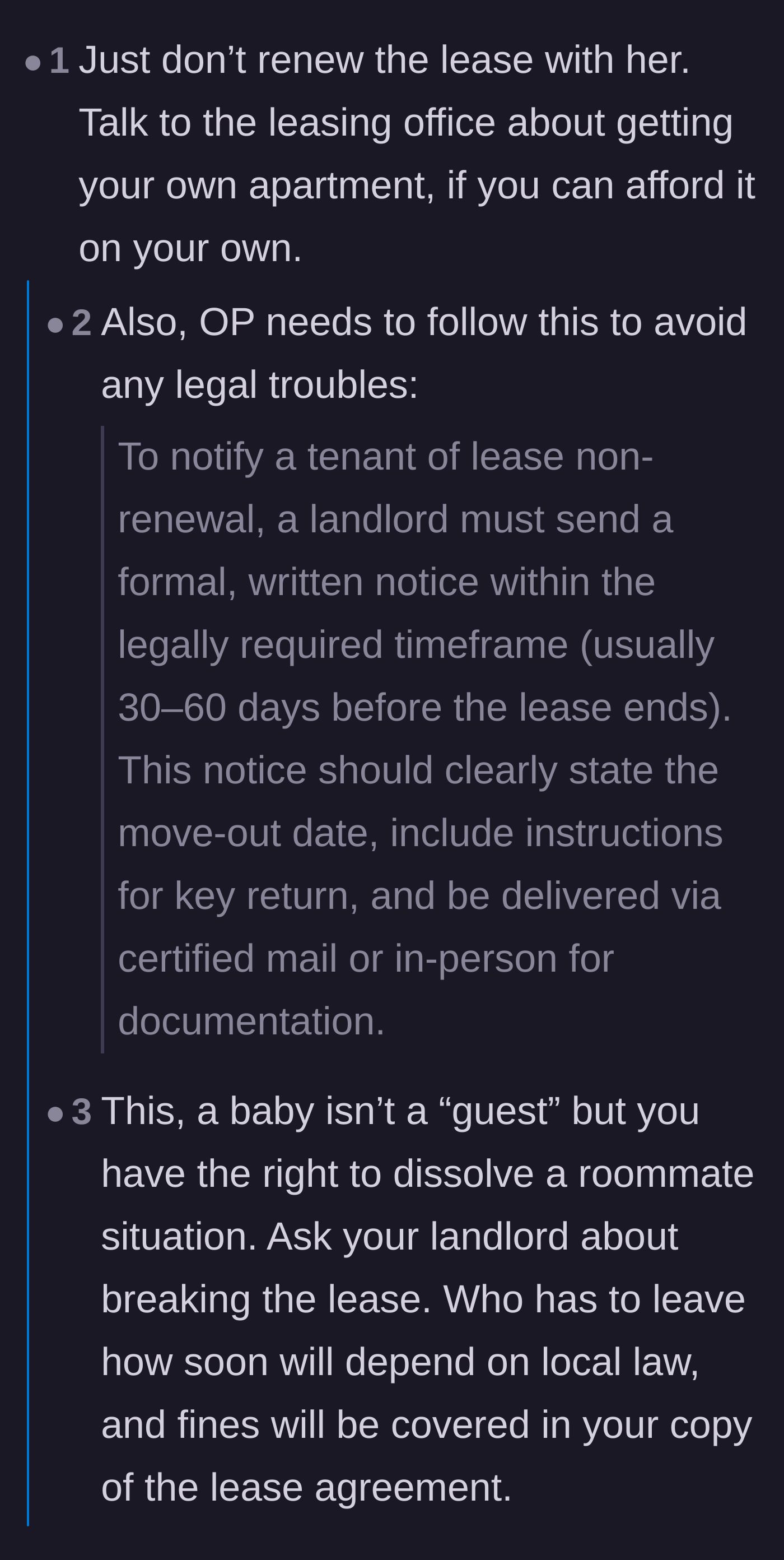 Comment thread 1 - Advice on navigating lease renewals and legally breaking ties with the pregnant roommate.