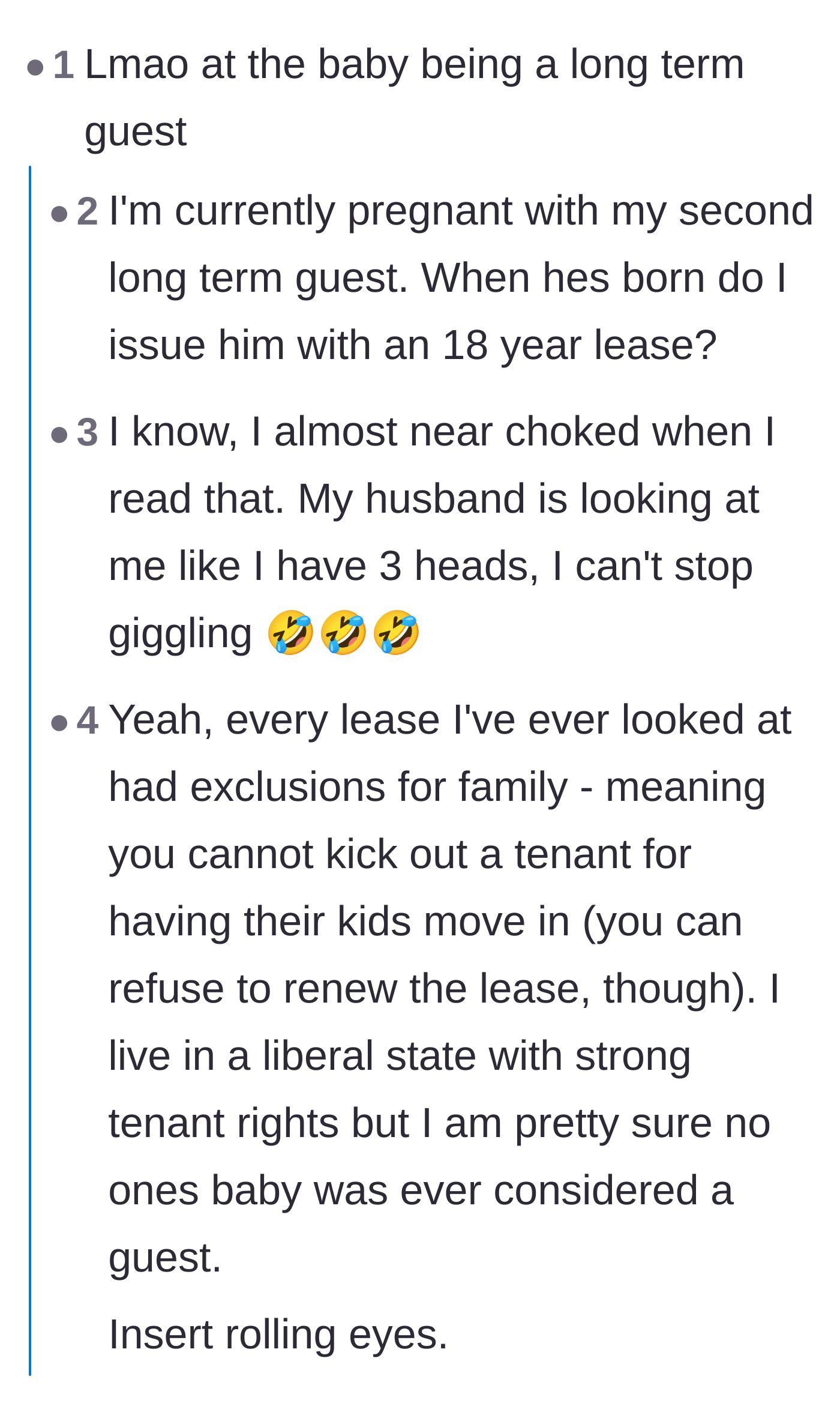 Comment thread 3 - Readers joking about the author categorizing a newborn baby as a long-term guest on a lease.