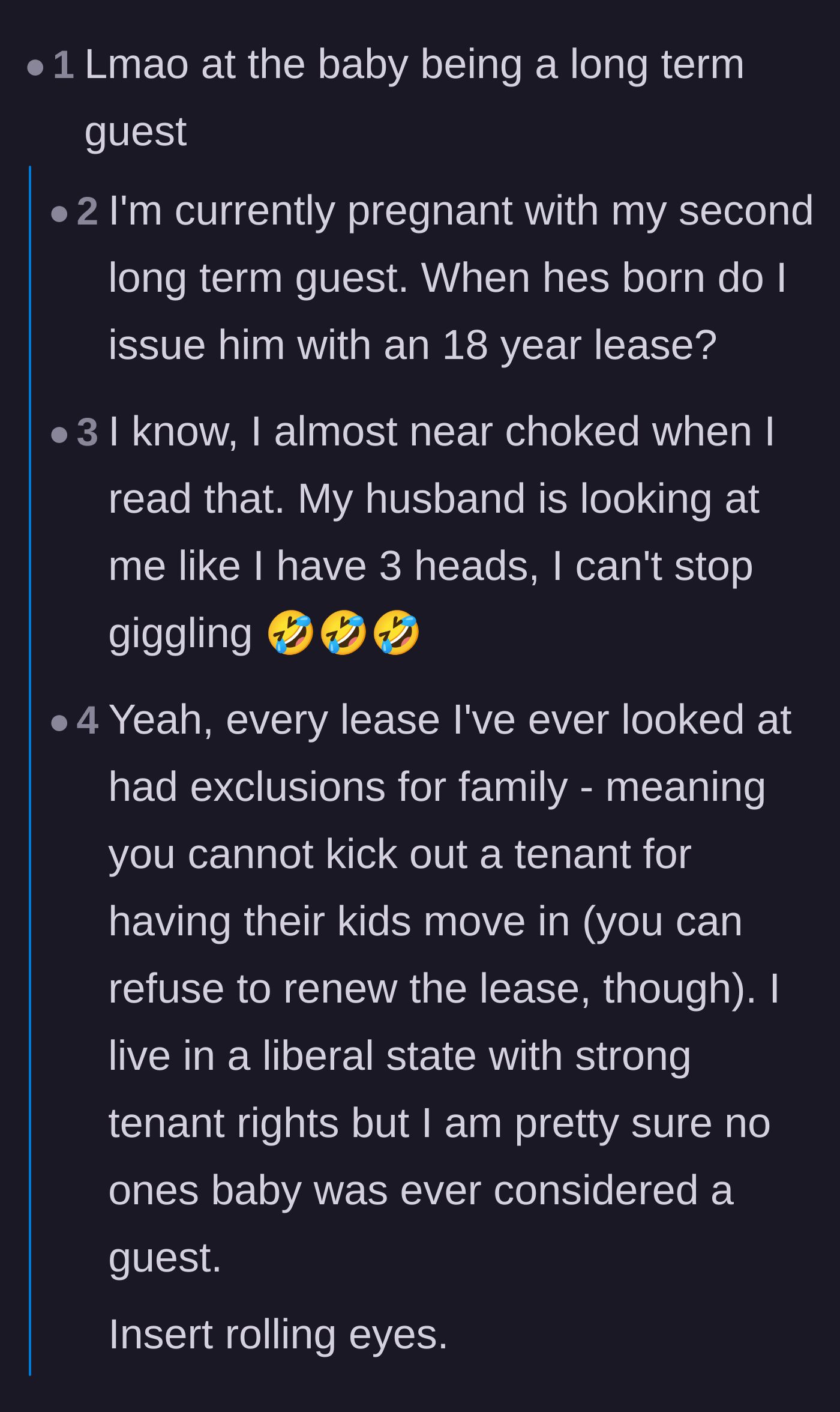 Comment thread 3 - Readers joking about the author categorizing a newborn baby as a long-term guest on a lease.