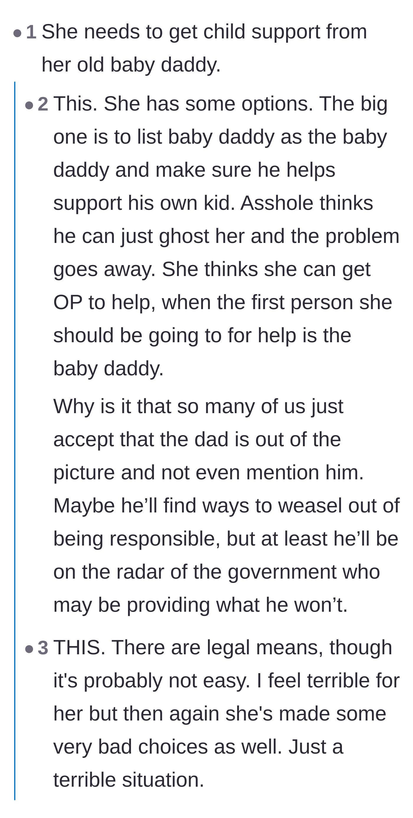 Comment thread 4 - Debate over pursuing the abusive, married father for child support versus the very real physical dangers involved.