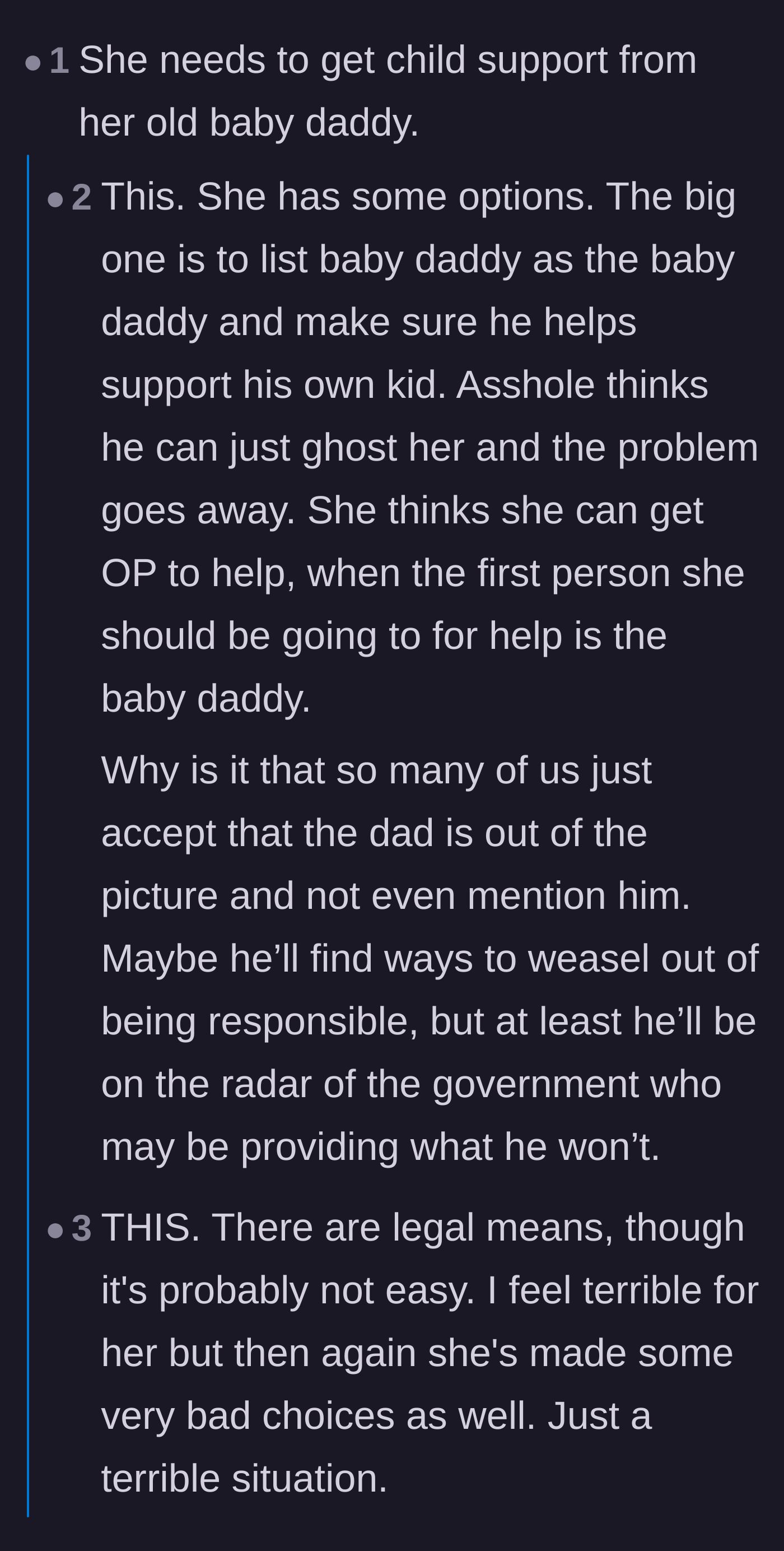 Comment thread 4 - Debate over pursuing the abusive, married father for child support versus the very real physical dangers involved.