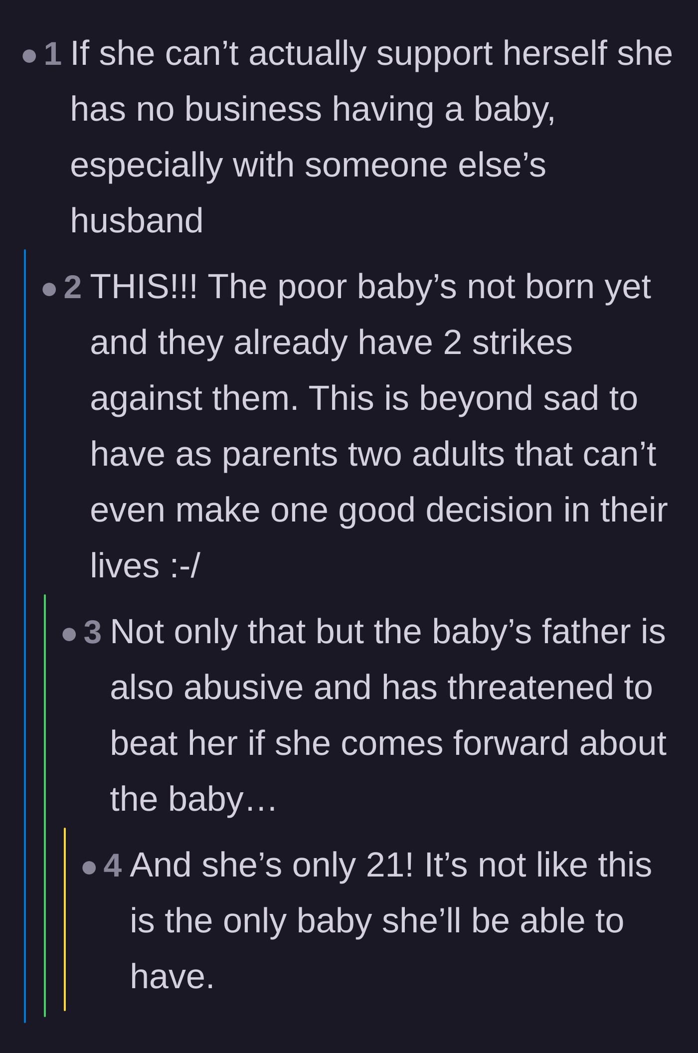 Comment thread 5 - Judgment on the roommate's decision to bring a child into an unstable situation with an absent father.