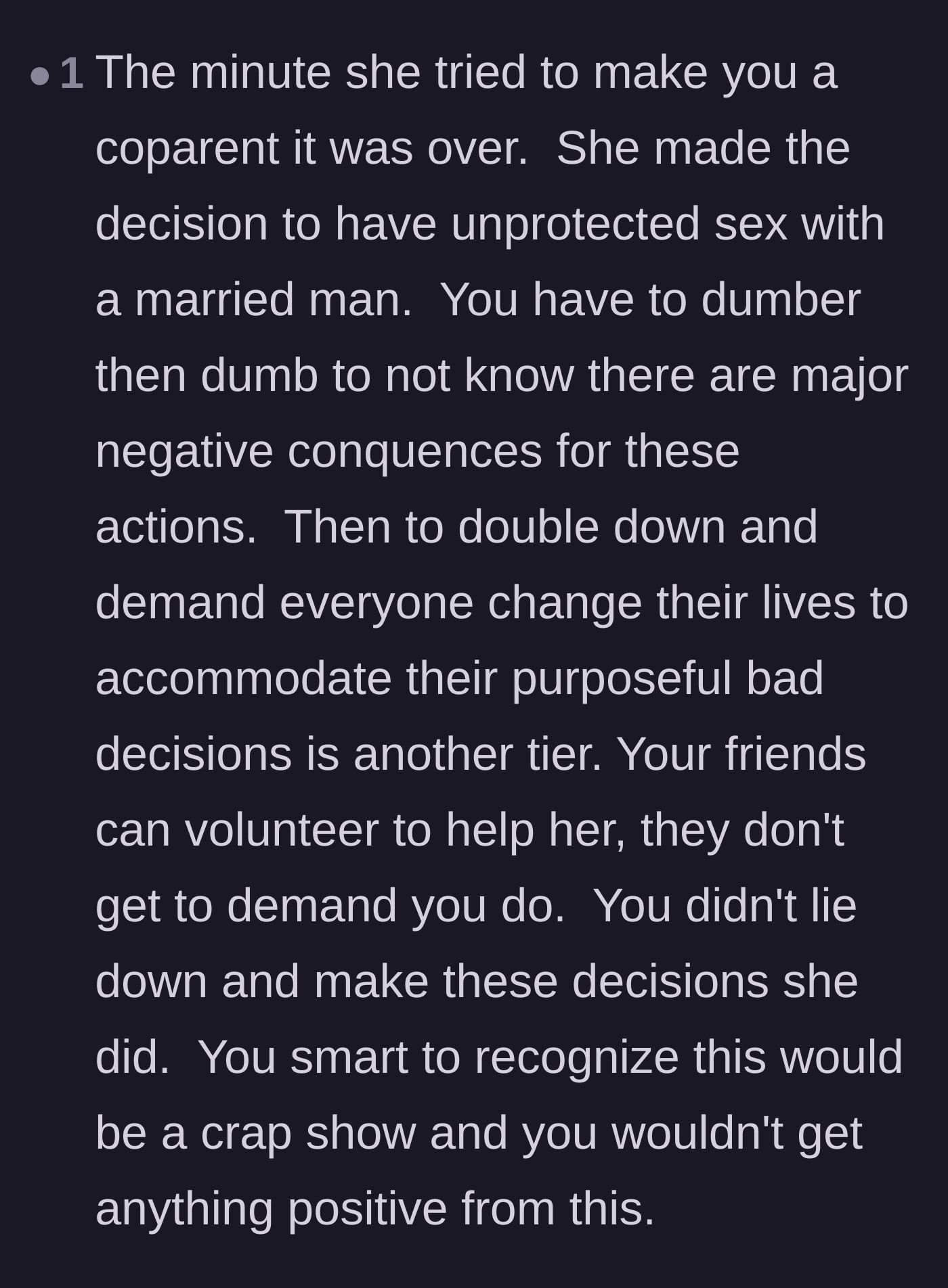 Comment thread 6 - Calling out the sheer audacity of expecting a roommate to shoulder the consequences of an affair.