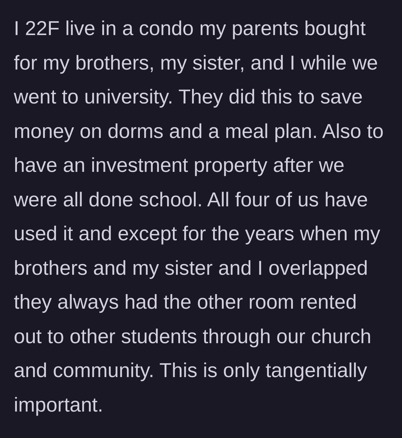 Story part 1 - The 22-year-old author explains her living arrangement in a family-owned condo where they rent out the extra room.