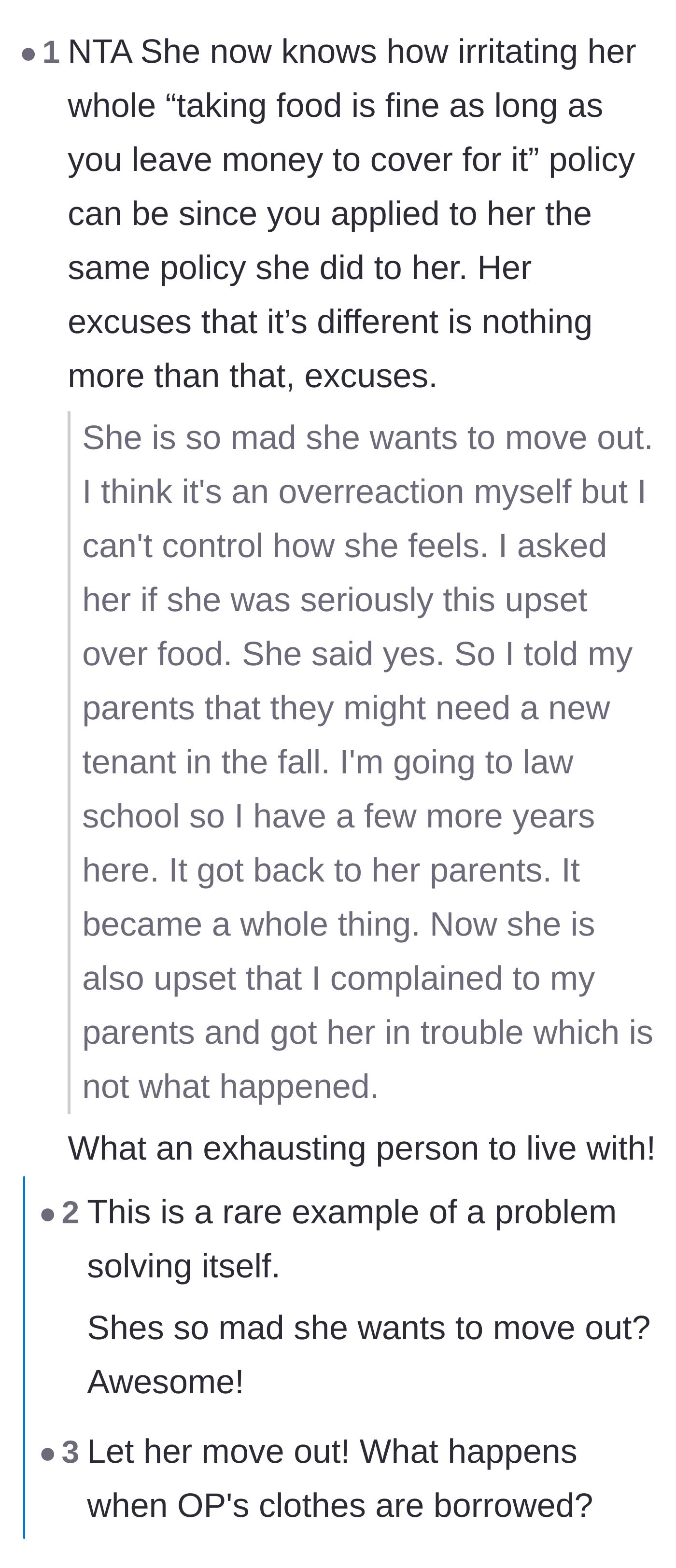 Comment thread 2 - Commenters celebrating the roommate's threat to move out as a massive win.