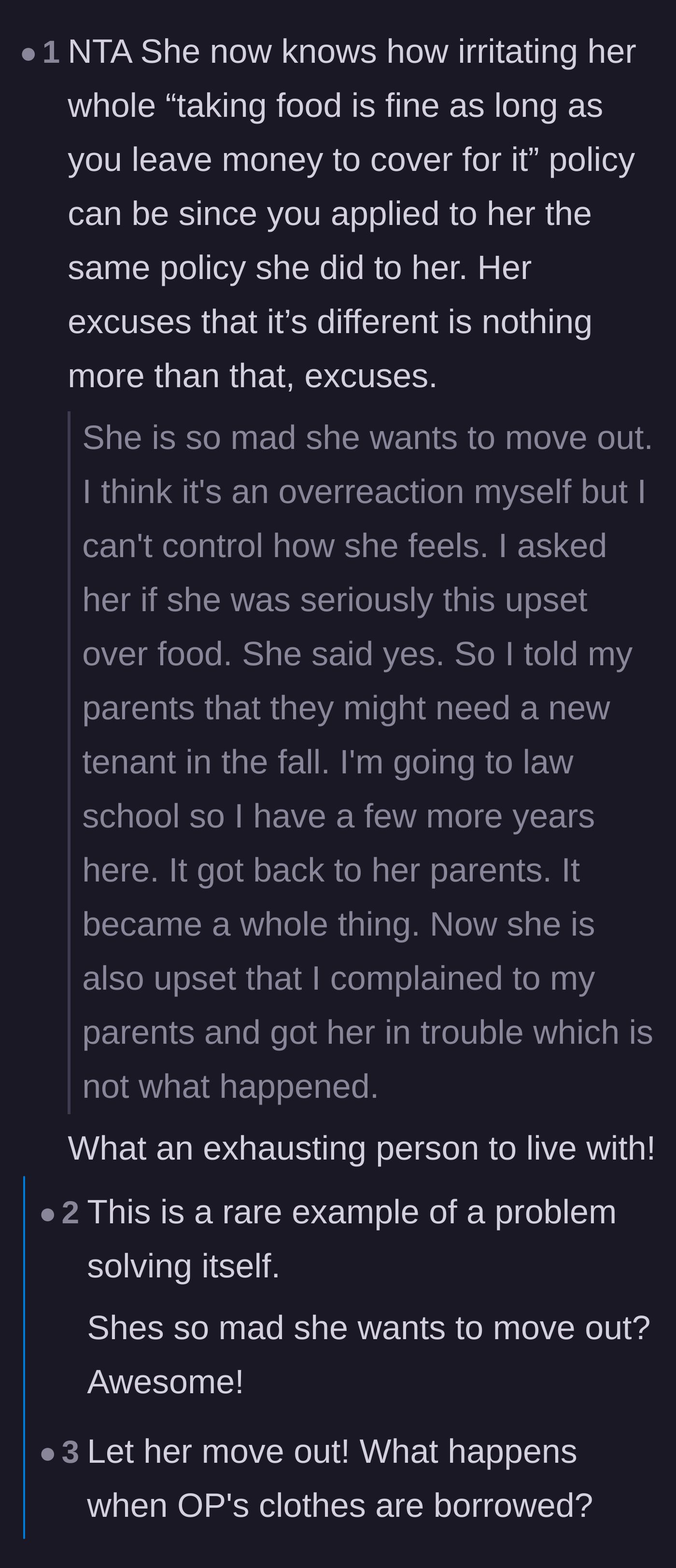 Comment thread 2 - Commenters celebrating the roommate's threat to move out as a massive win.
