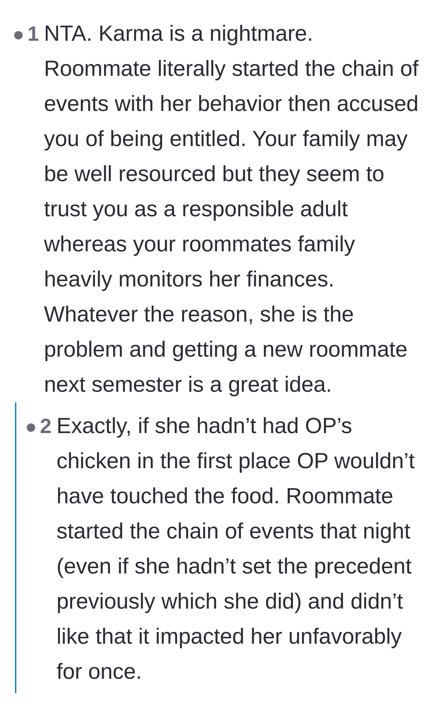Comment thread 3 - Discussion about how the roommate's initial chicken theft started this entire domino effect.