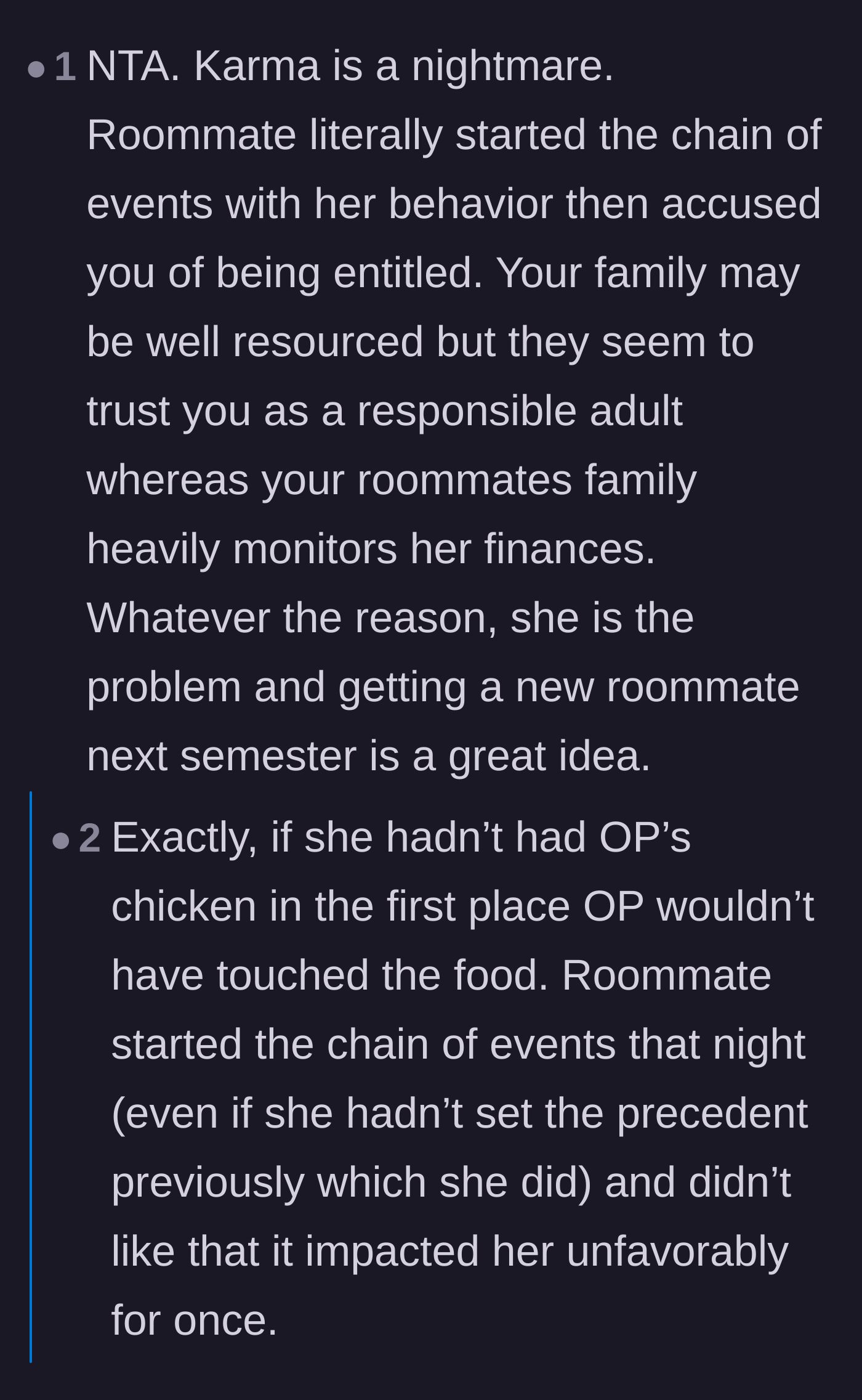 Comment thread 3 - Discussion about how the roommate's initial chicken theft started this entire domino effect.