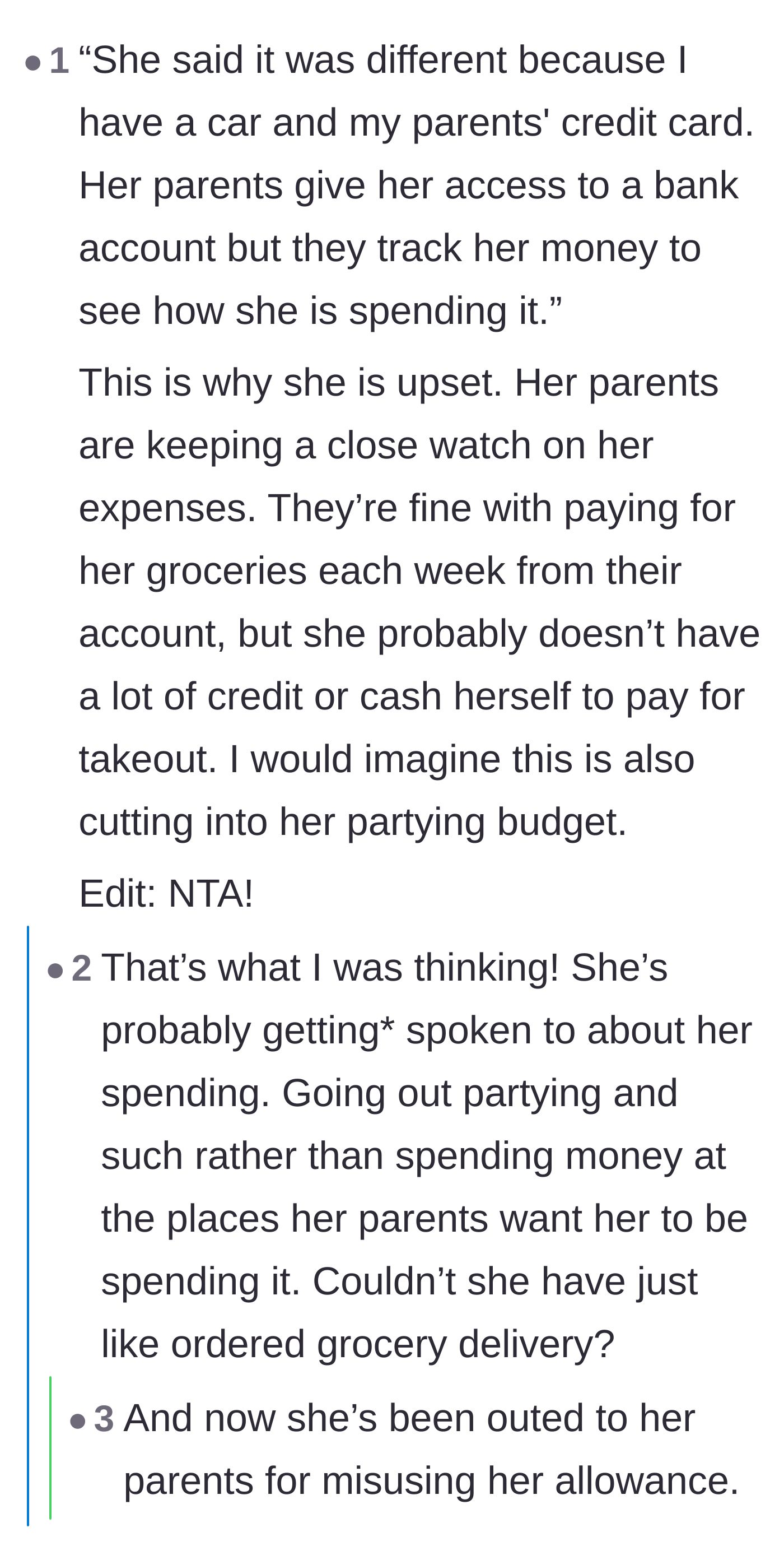 Comment thread 4 - Readers figuring out that the roommate's real anger stems from her parents tracking her party budget.