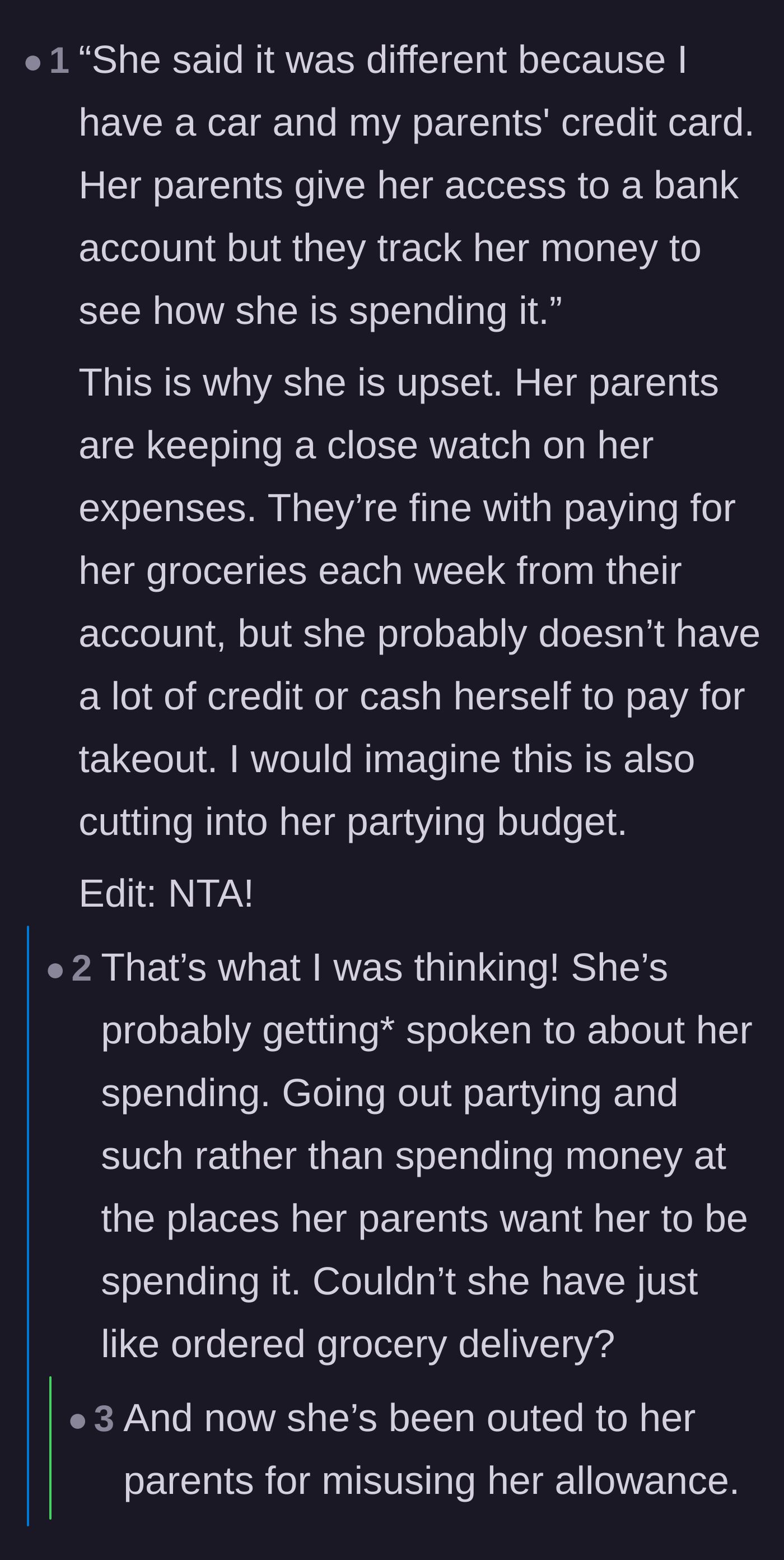 Comment thread 4 - Readers figuring out that the roommate's real anger stems from her parents tracking her party budget.