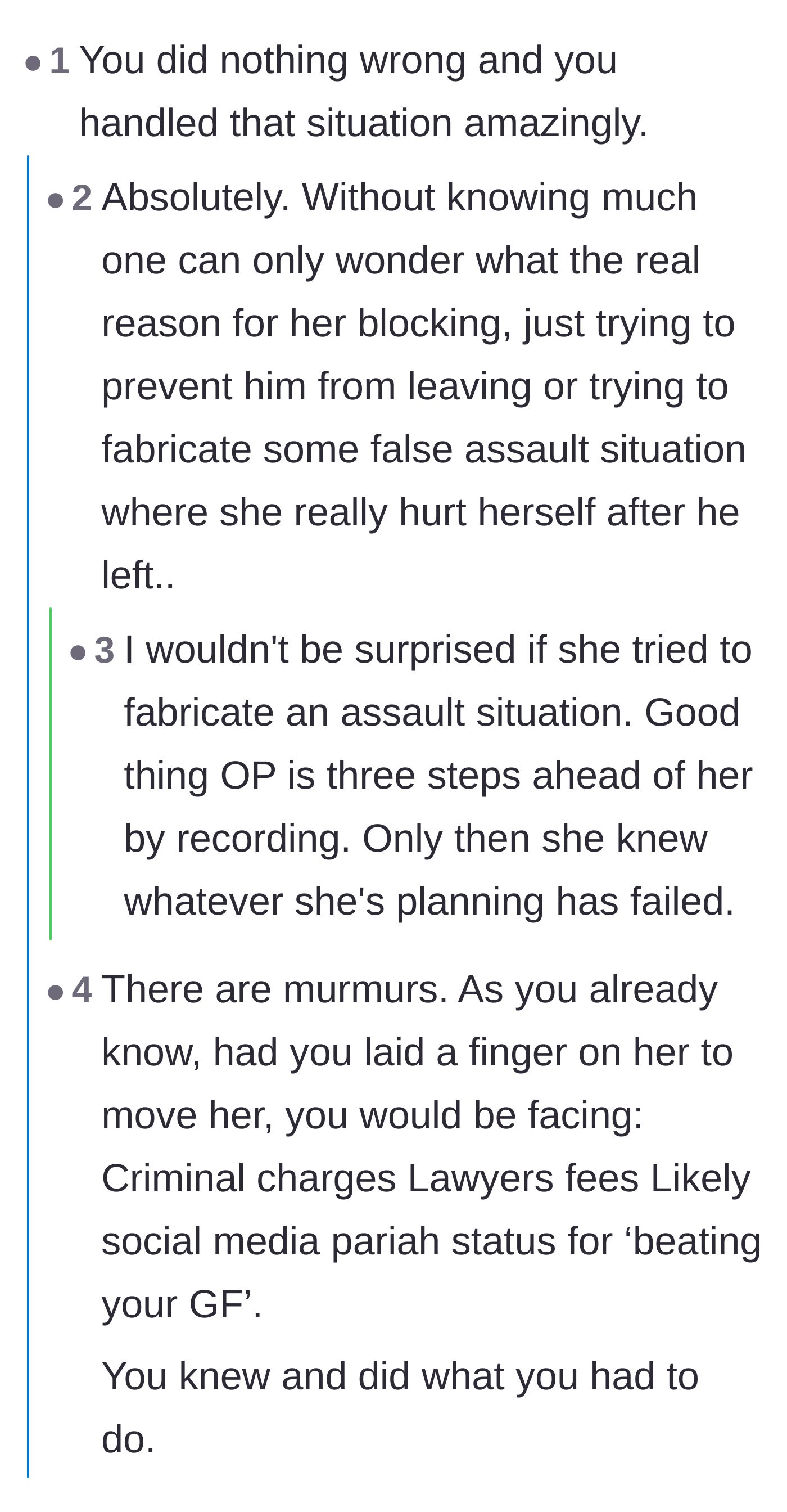 Comment thread 1 - Readers dissecting how the video evidence prevented the ex from fabricating an assault charge.