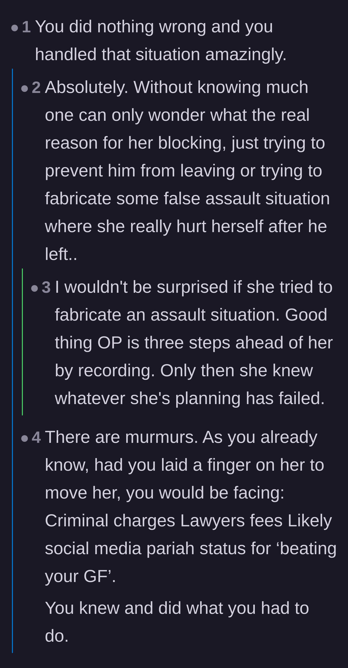 Comment thread 1 - Readers dissecting how the video evidence prevented the ex from fabricating an assault charge.
