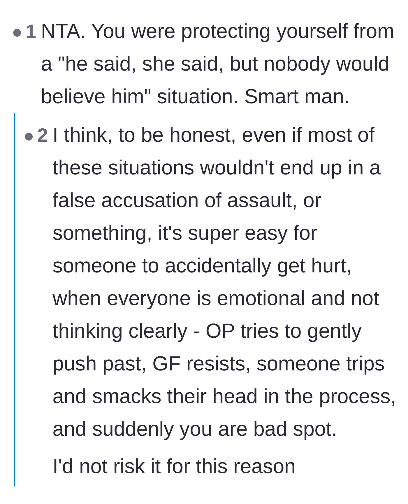 Comment thread 3 - Discussion on the extreme legal risks of trying to physically push past someone.