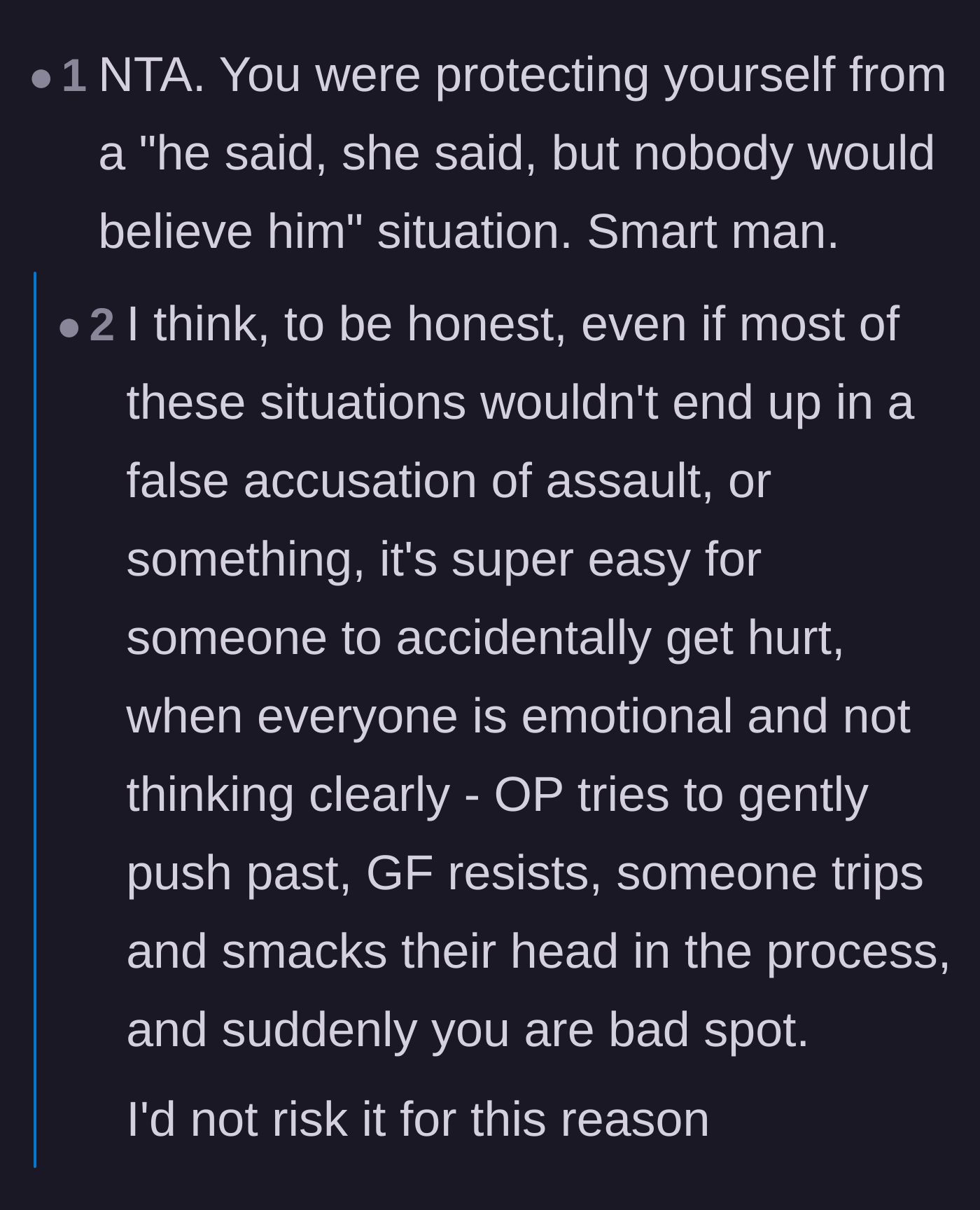 Comment thread 3 - Discussion on the extreme legal risks of trying to physically push past someone.