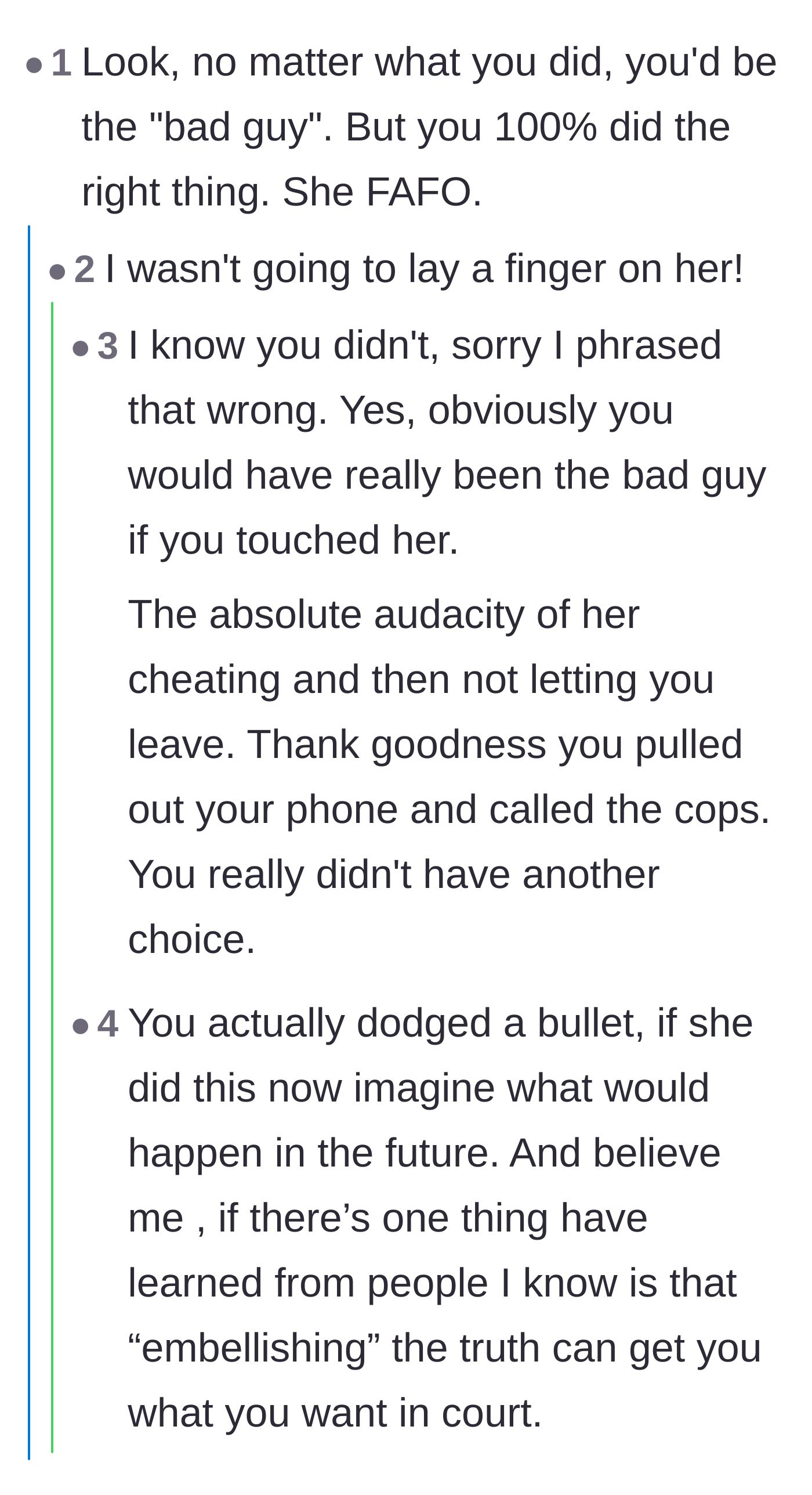 Comment thread 5 - A debate about the societal double standards that prevent victims from physically escaping without facing backlash.