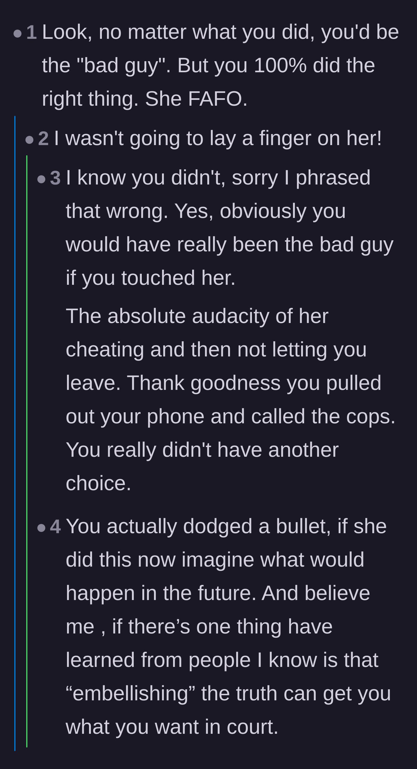 Comment thread 5 - A debate about the societal double standards that prevent victims from physically escaping without facing backlash.