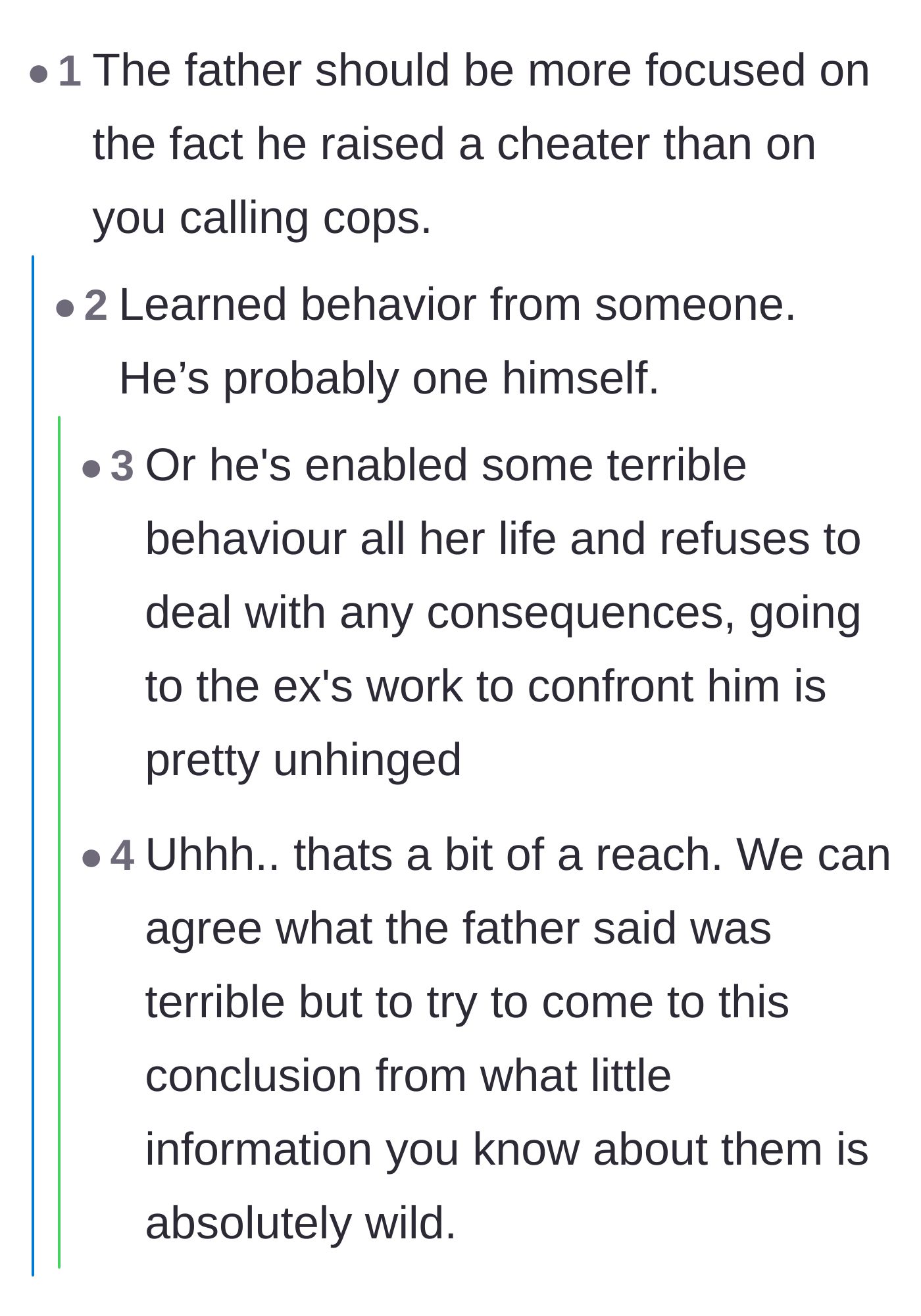 Comment thread 6 - Criticism of the father's misplaced priorities and his enabling of his daughter's infidelity.