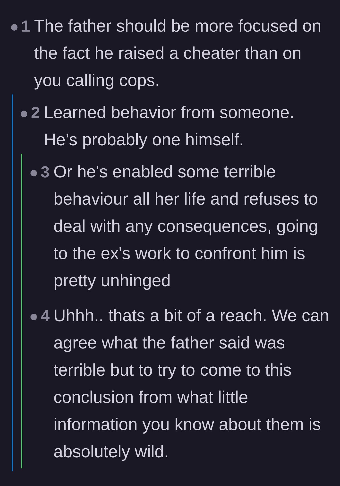 Comment thread 6 - Criticism of the father's misplaced priorities and his enabling of his daughter's infidelity.
