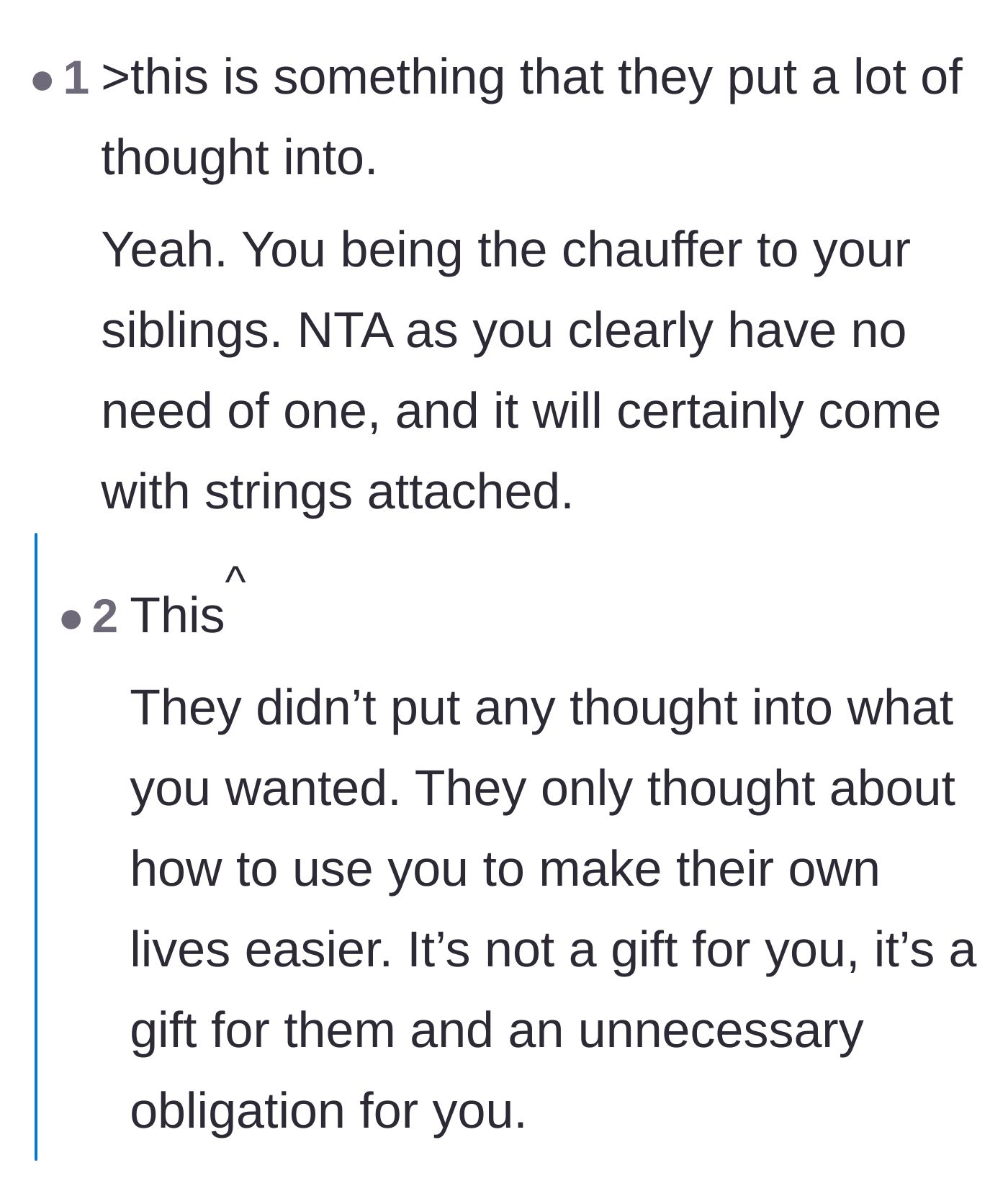 Comment thread 1 - Readers point out that the parents only thought about their own convenience and the hidden expenses the teen would face.