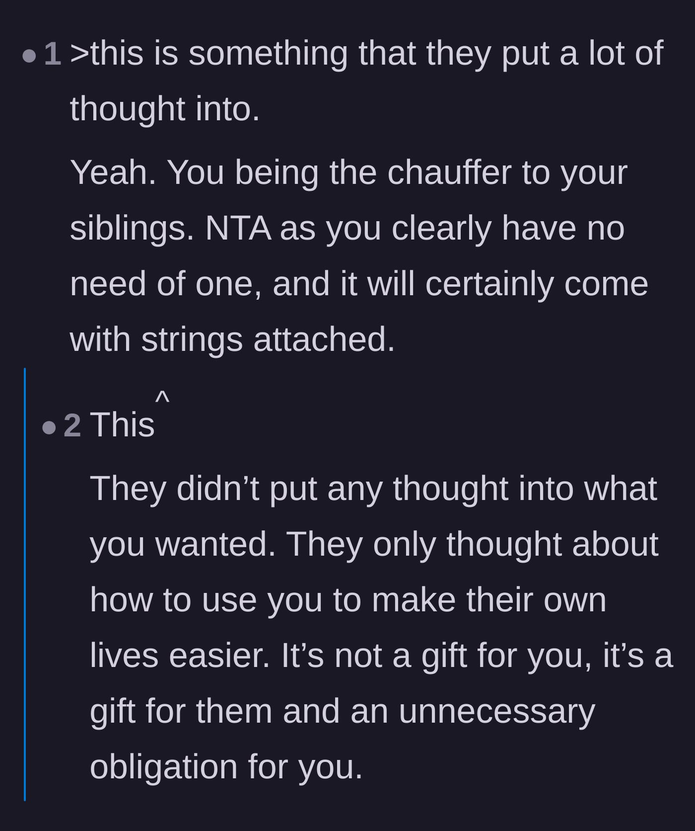 Comment thread 1 - Readers point out that the parents only thought about their own convenience and the hidden expenses the teen would face.