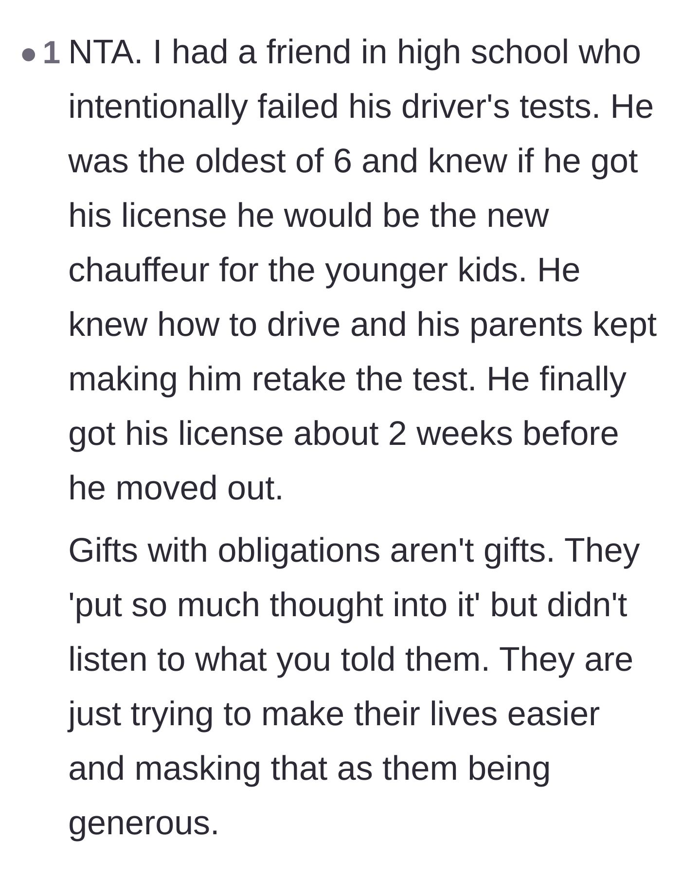 Comment thread 2 - A commenter shares a story about a friend who intentionally failed his driving test to avoid becoming the family chauffeur.