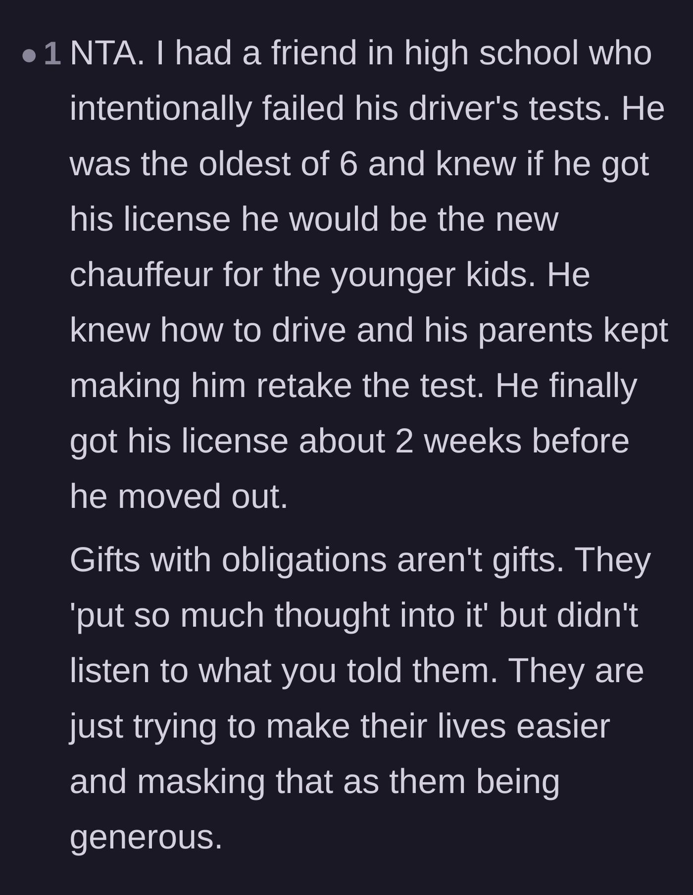 Comment thread 2 - A commenter shares a story about a friend who intentionally failed his driving test to avoid becoming the family chauffeur.