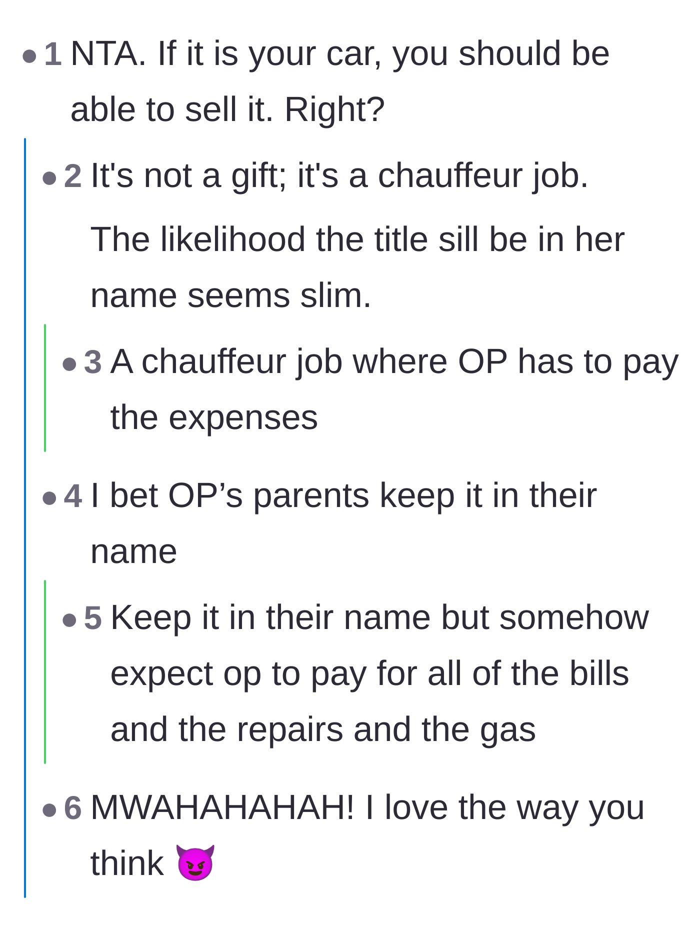 Comment thread 6 - Speculation on whether the teen could sell the car and the likelihood of the parents keeping the title in their name.