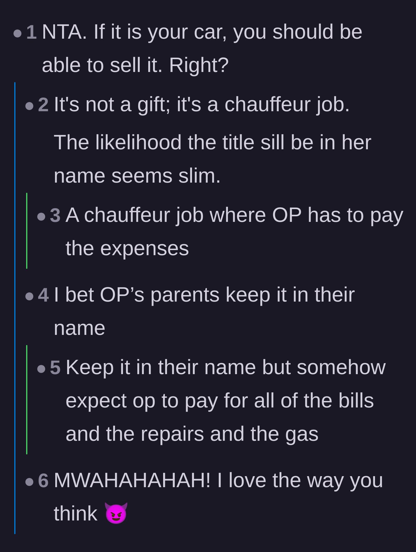 Comment thread 6 - Speculation on whether the teen could sell the car and the likelihood of the parents keeping the title in their name.