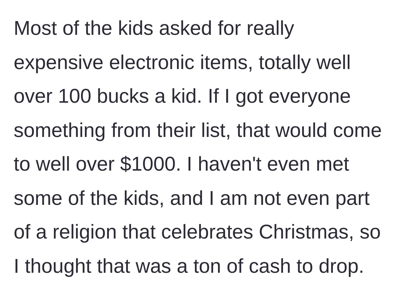 Story part 4 - Main character reviewing the expensive gift lists totaling well over a thousand dollars.