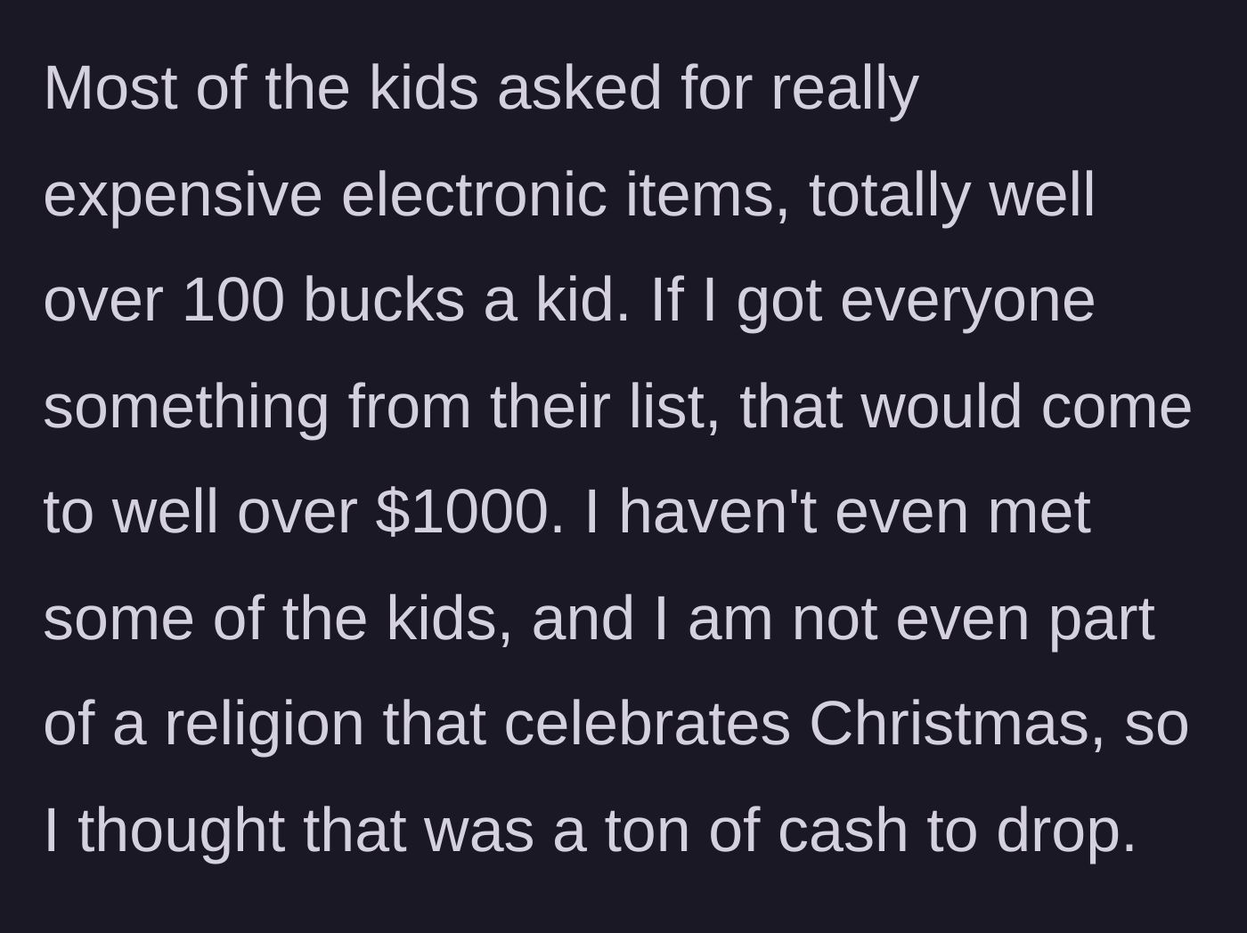 Story part 4 - Main character reviewing the expensive gift lists totaling well over a thousand dollars.