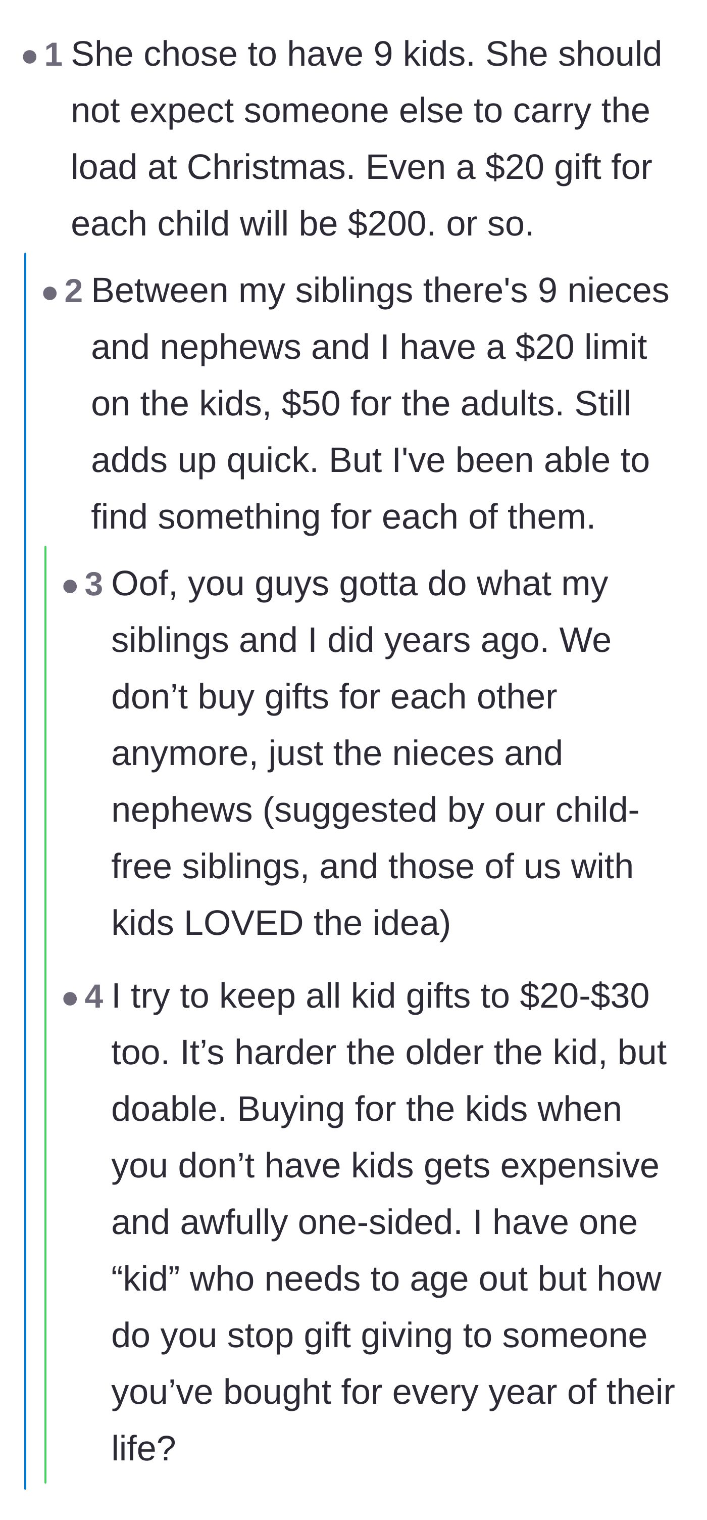 Comment thread 2 - A deep dive into the financial imbalance between childfree relatives and large families during the holidays.