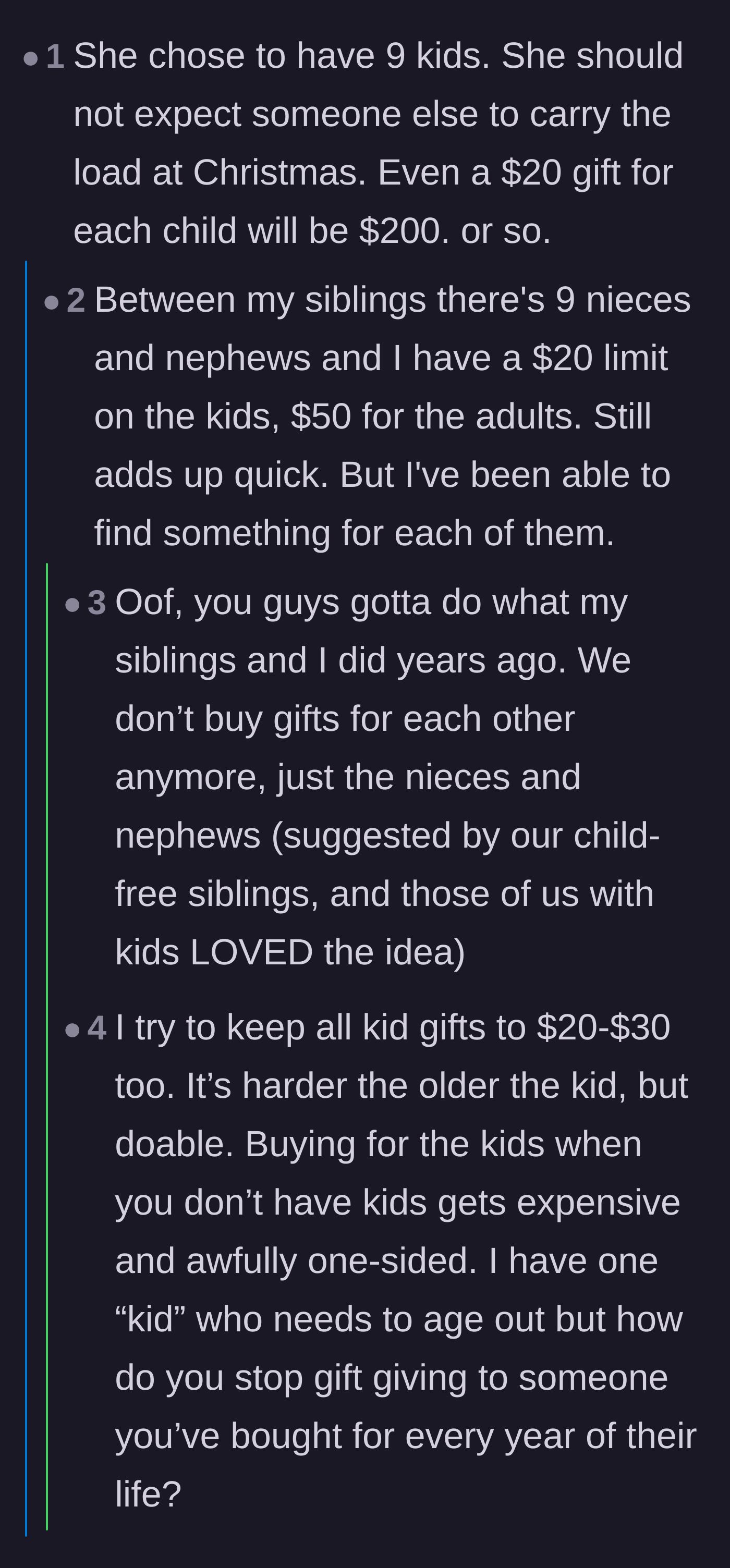 Comment thread 2 - A deep dive into the financial imbalance between childfree relatives and large families during the holidays.