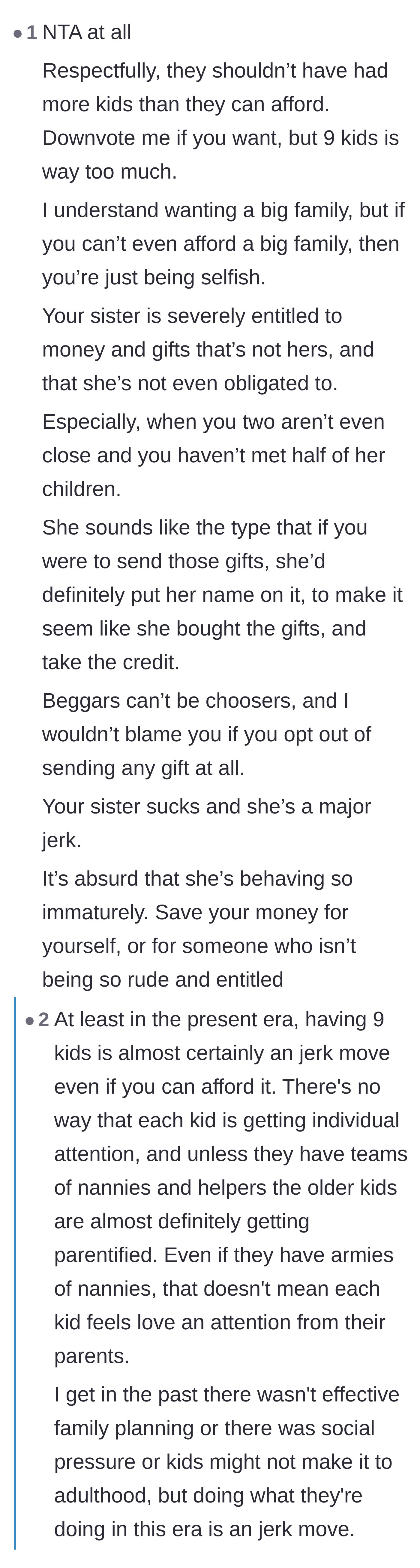 Comment thread 4 - A harsh reality check on the ethics and selfishness of having more children than you can afford.
