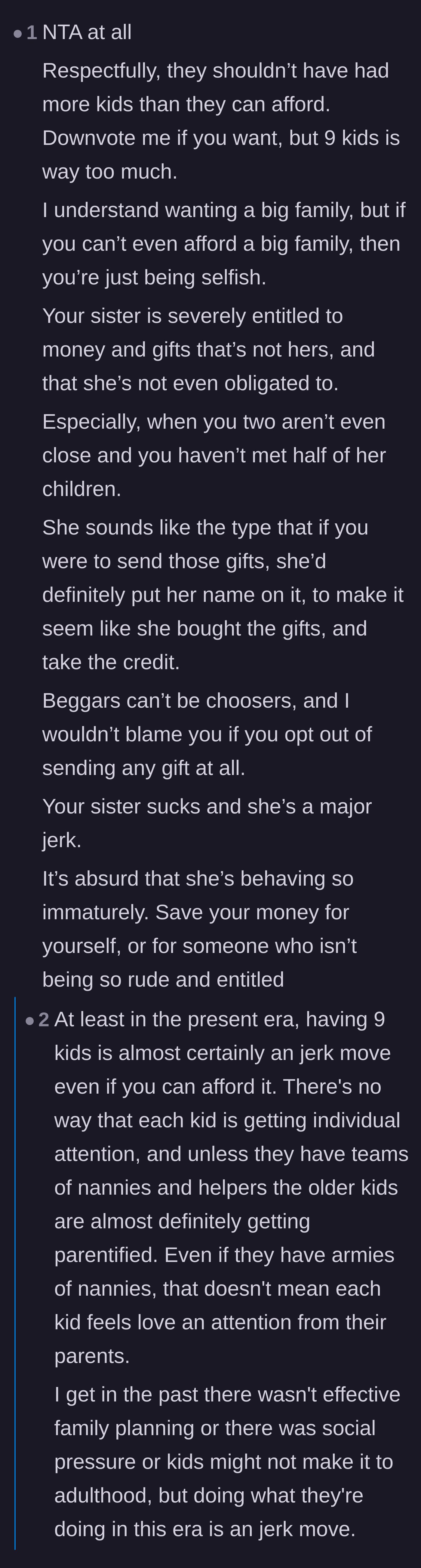 Comment thread 4 - A harsh reality check on the ethics and selfishness of having more children than you can afford.