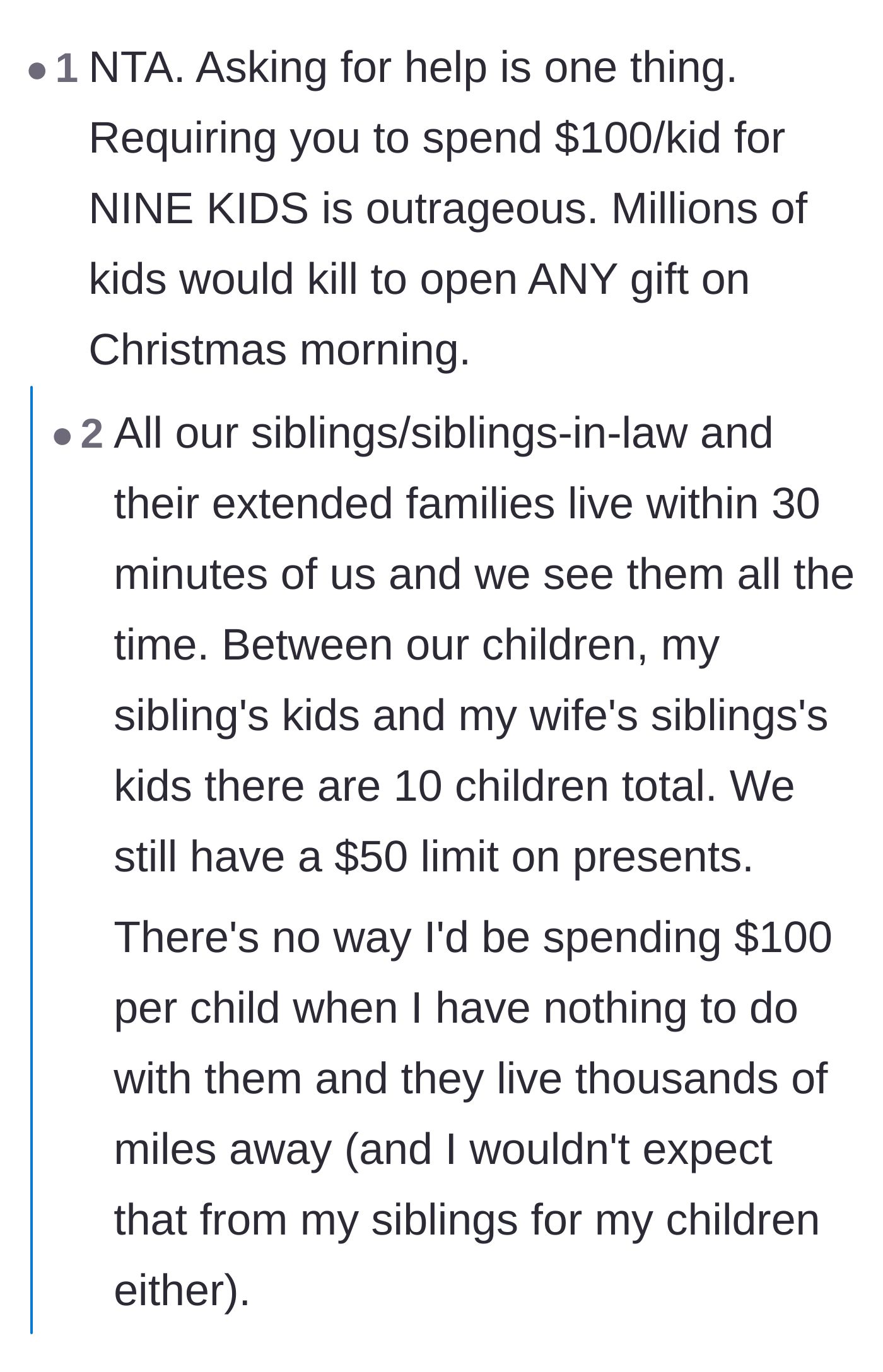 Comment thread 6 - Comparing the sister's outrageous $100 per child demand to normal family gifting limits.